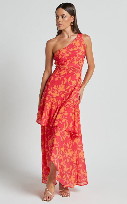 Reyes Midi Dress - Asymmetric One Shoulder With Ruffle Hem Dress in Shadow Fuchsia Print