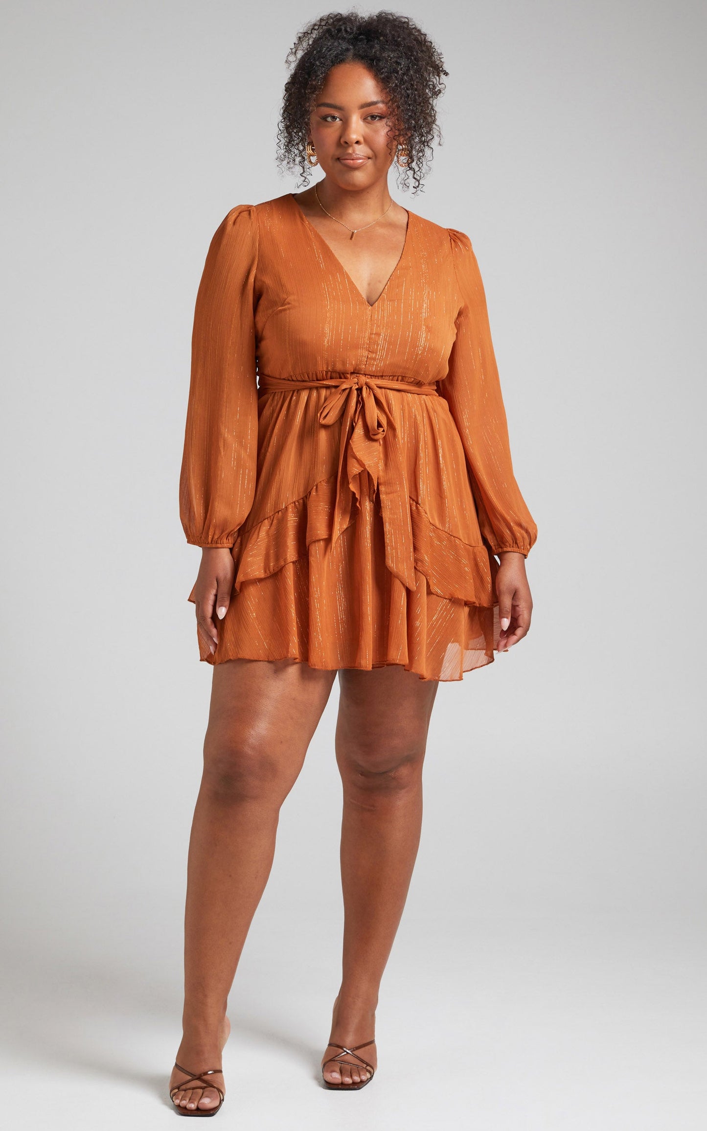 Eyes That Know Me Mini Dress - Long Sleeve Ruffle Dress in Rust