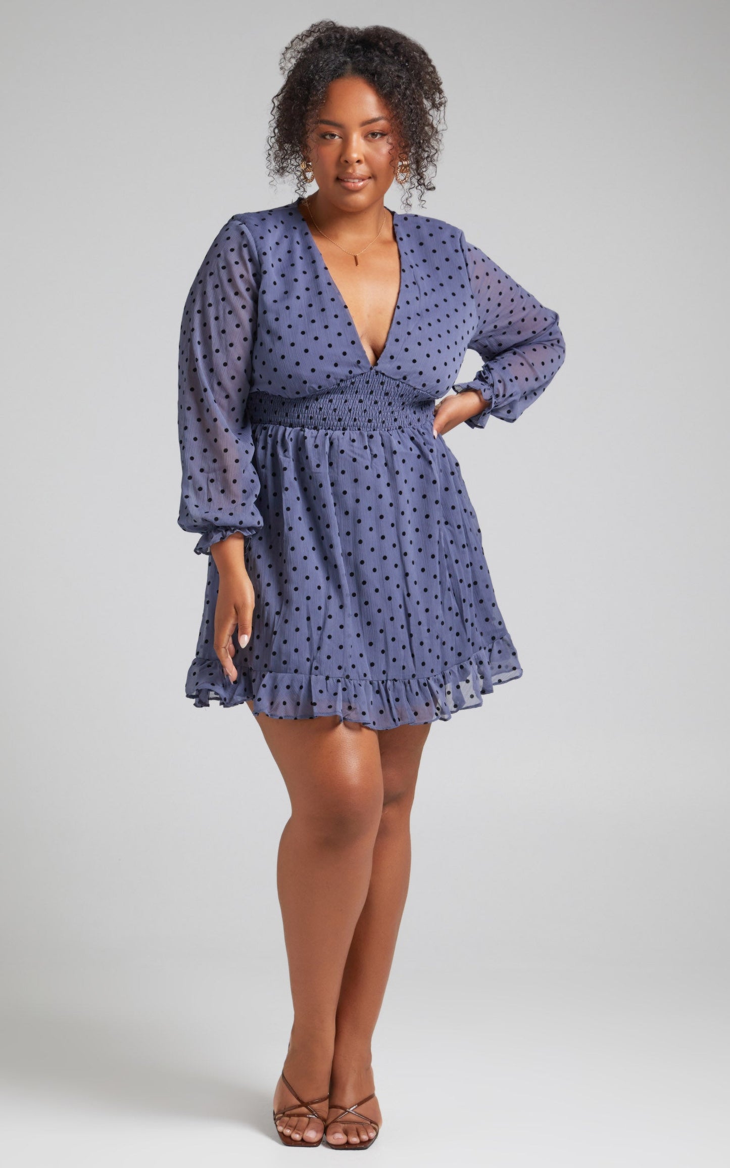 Pretty As You Mini Dress - Long Sleeve Shirred Waist Dress in Blue Spot