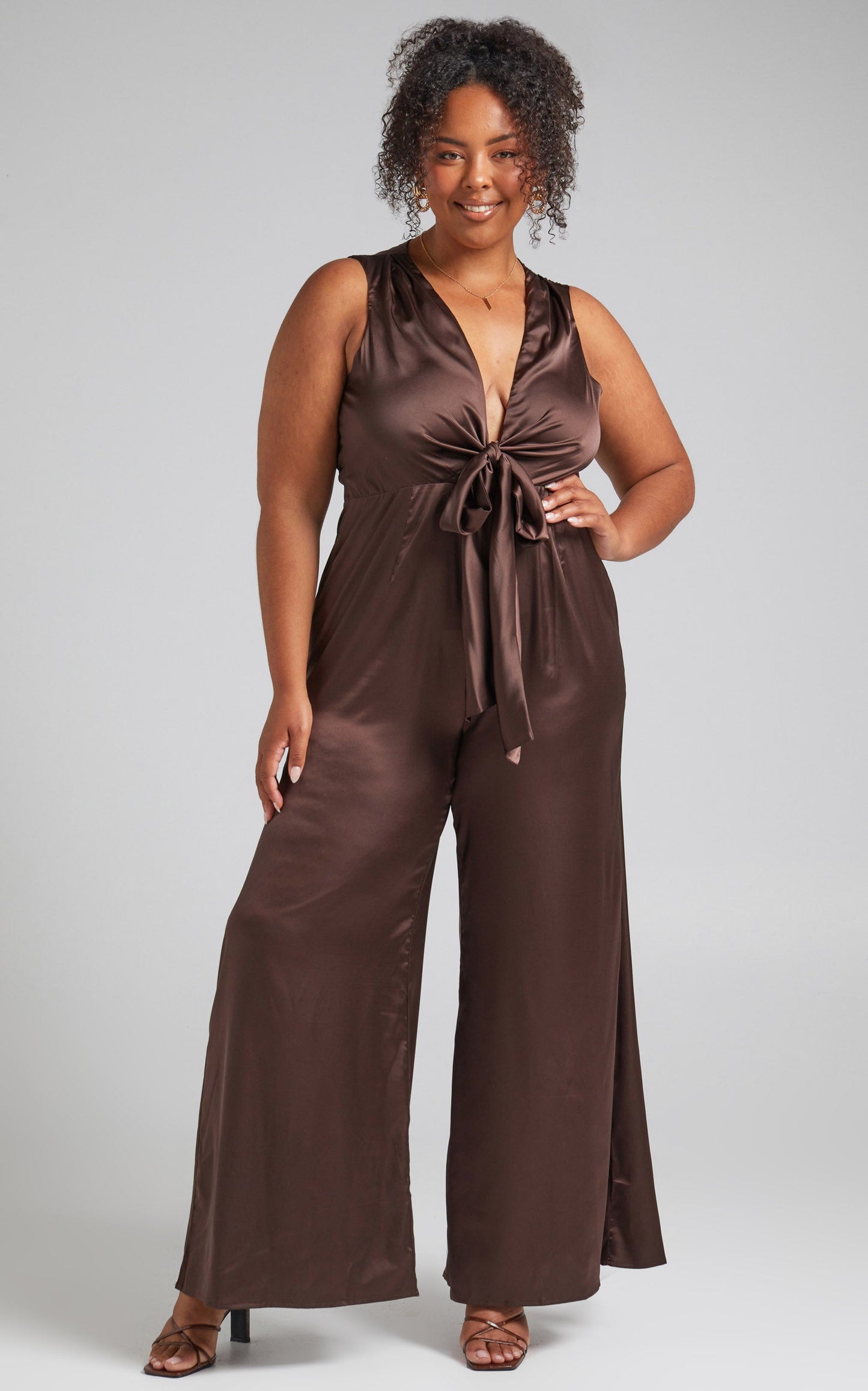 Meia Jumpsuit - Tie Front Jumpsuit in Chocolate Satin