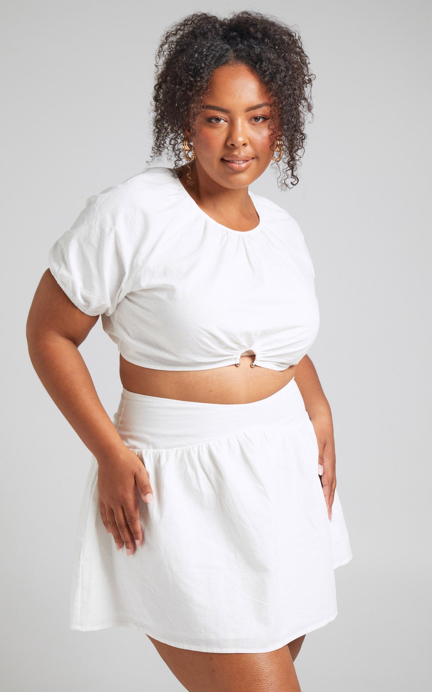 Georgina Two Piece Set - Linen Look Puff Sleeve Top and Mini Skirt in White