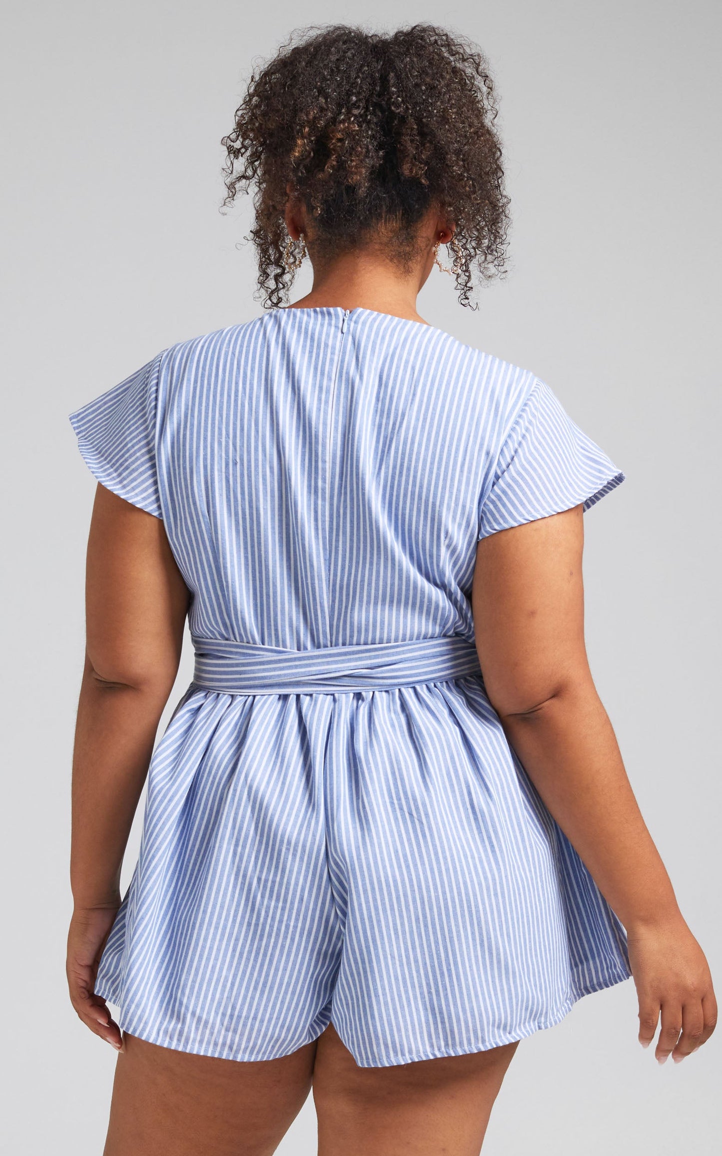 Top It Off Pluge Tie Front Playsuit in Blue Stripe