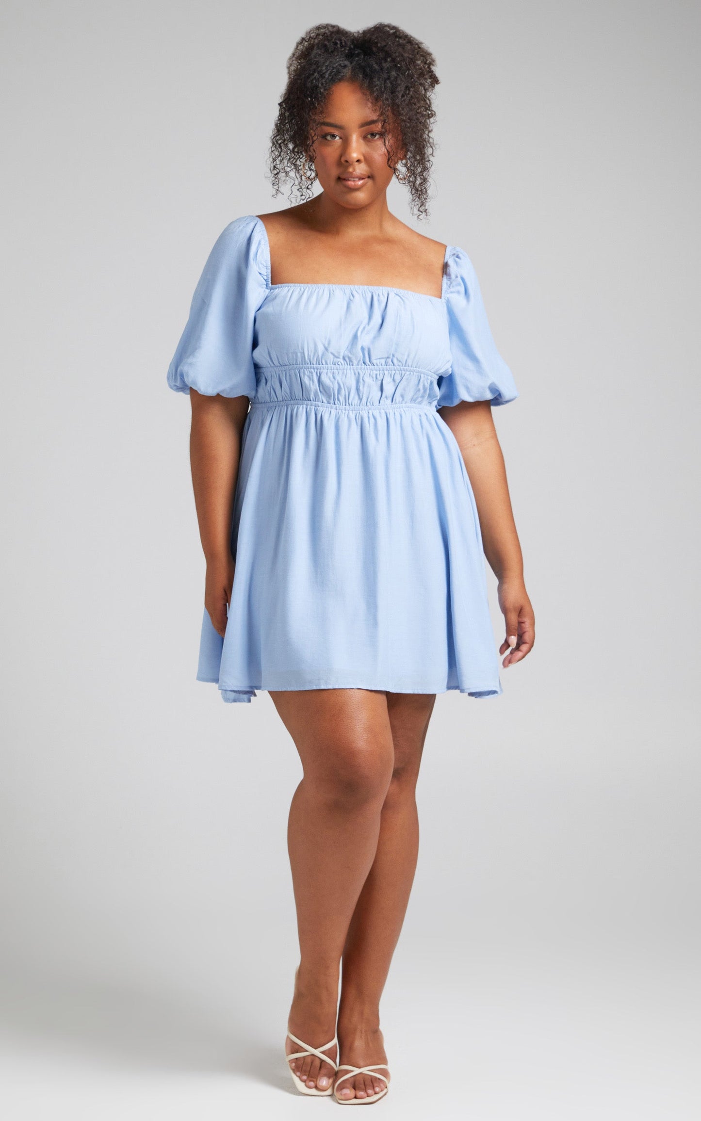 Maretta Mini Dress - Stretch Waist Square Neck Dress in Blue