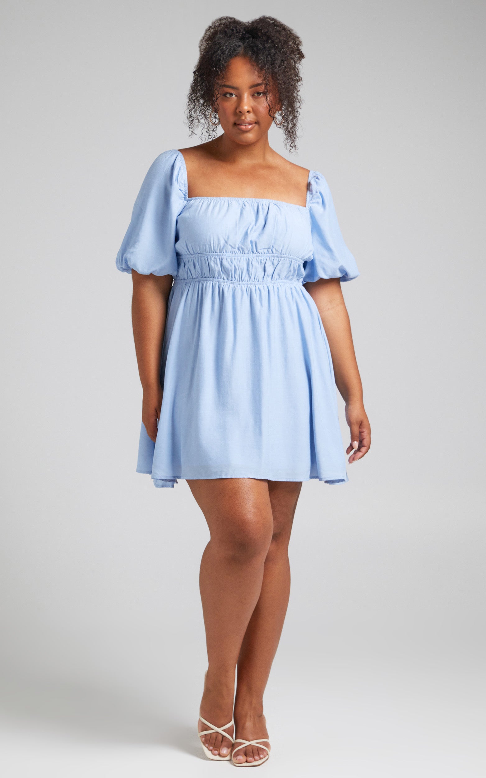Maretta Mini Dress - Stretch Waist Square Neck Dress in Blue