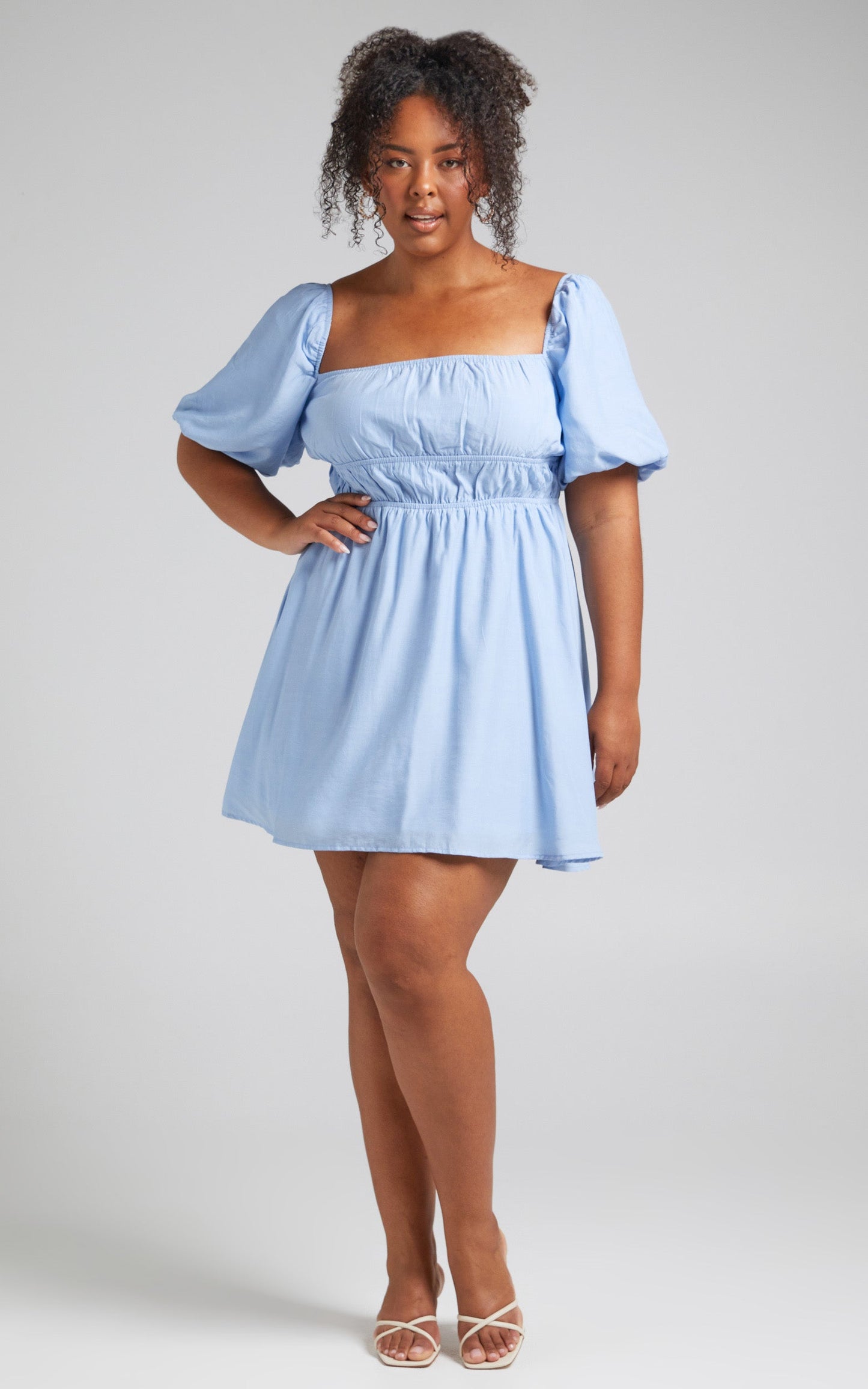 Maretta Mini Dress - Stretch Waist Square Neck Dress in Blue