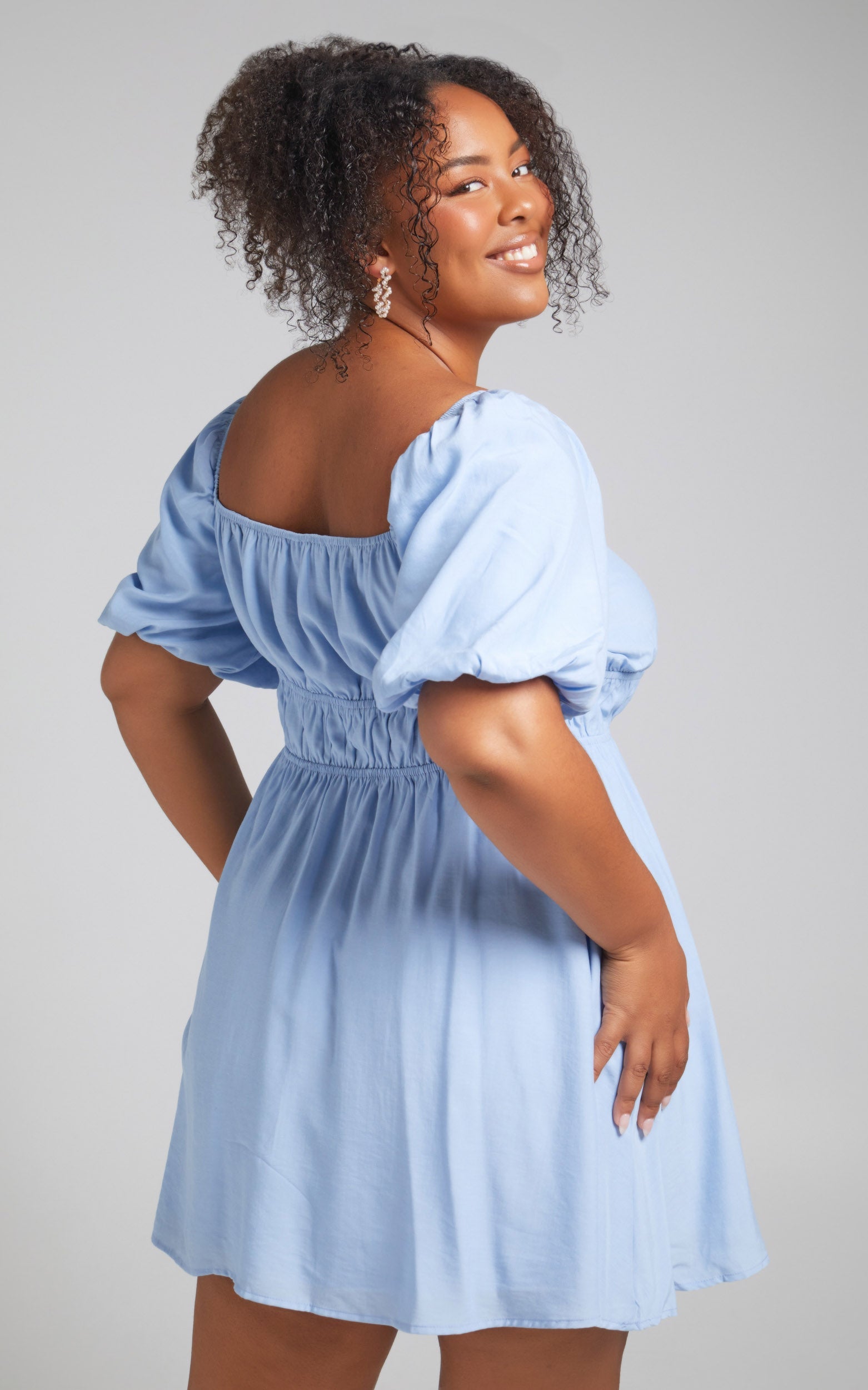 Maretta Mini Dress - Stretch Waist Square Neck Dress in Blue
