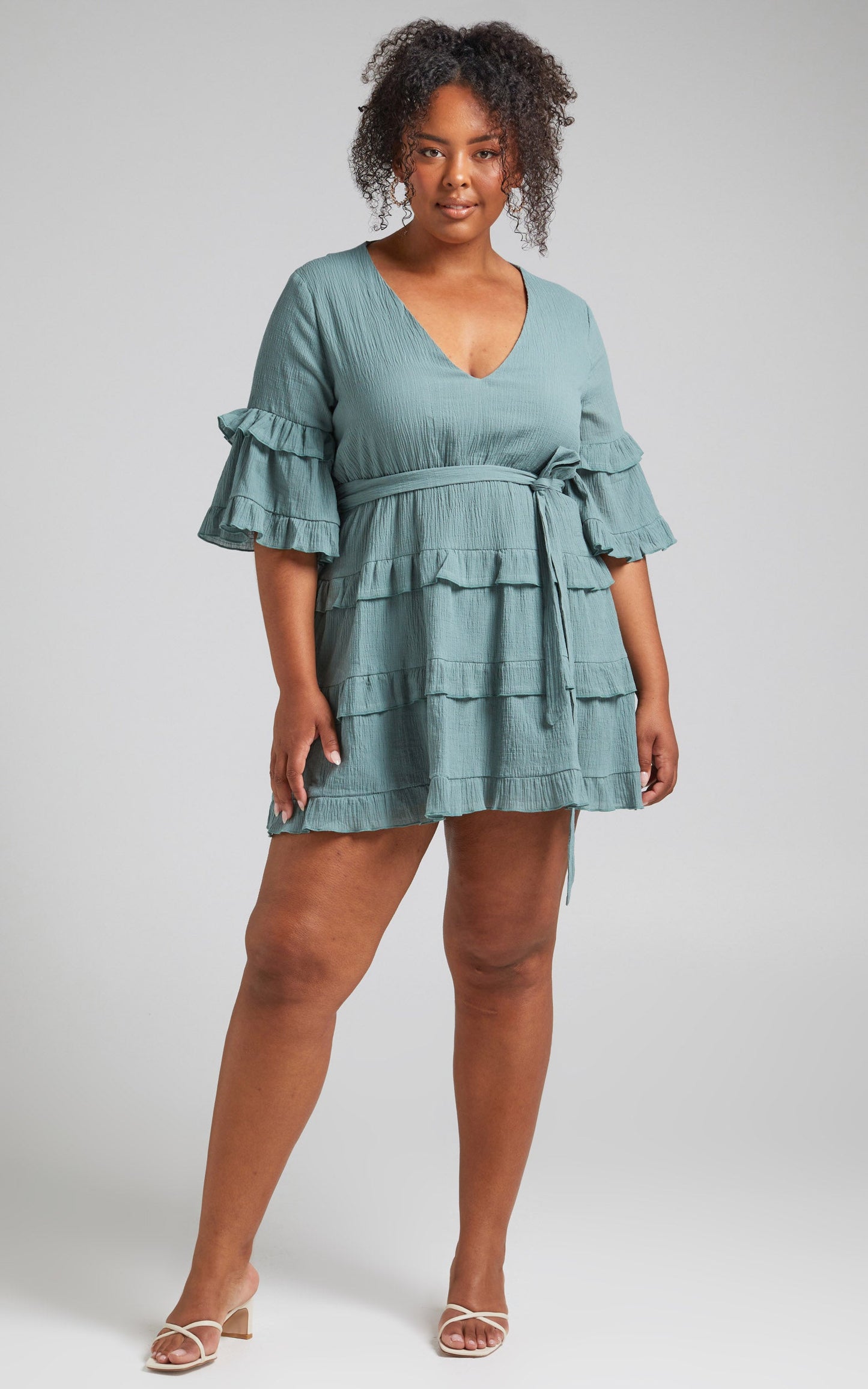 Meet Me In The Sun Mini Dress - Tie Waist Tiered Dress in Sage
