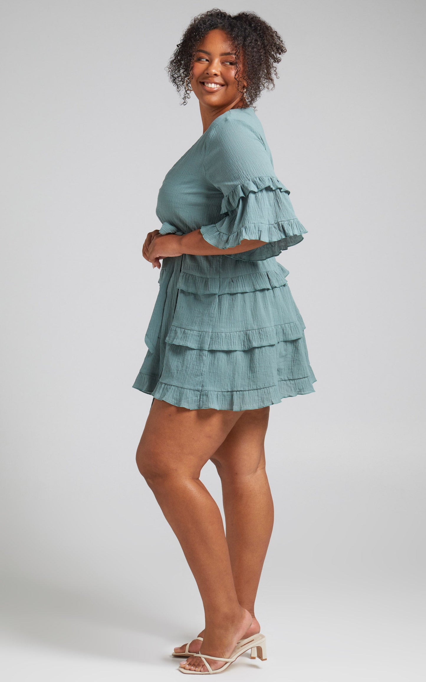 Meet Me In The Sun Mini Dress - Tie Waist Tiered Dress in Sage