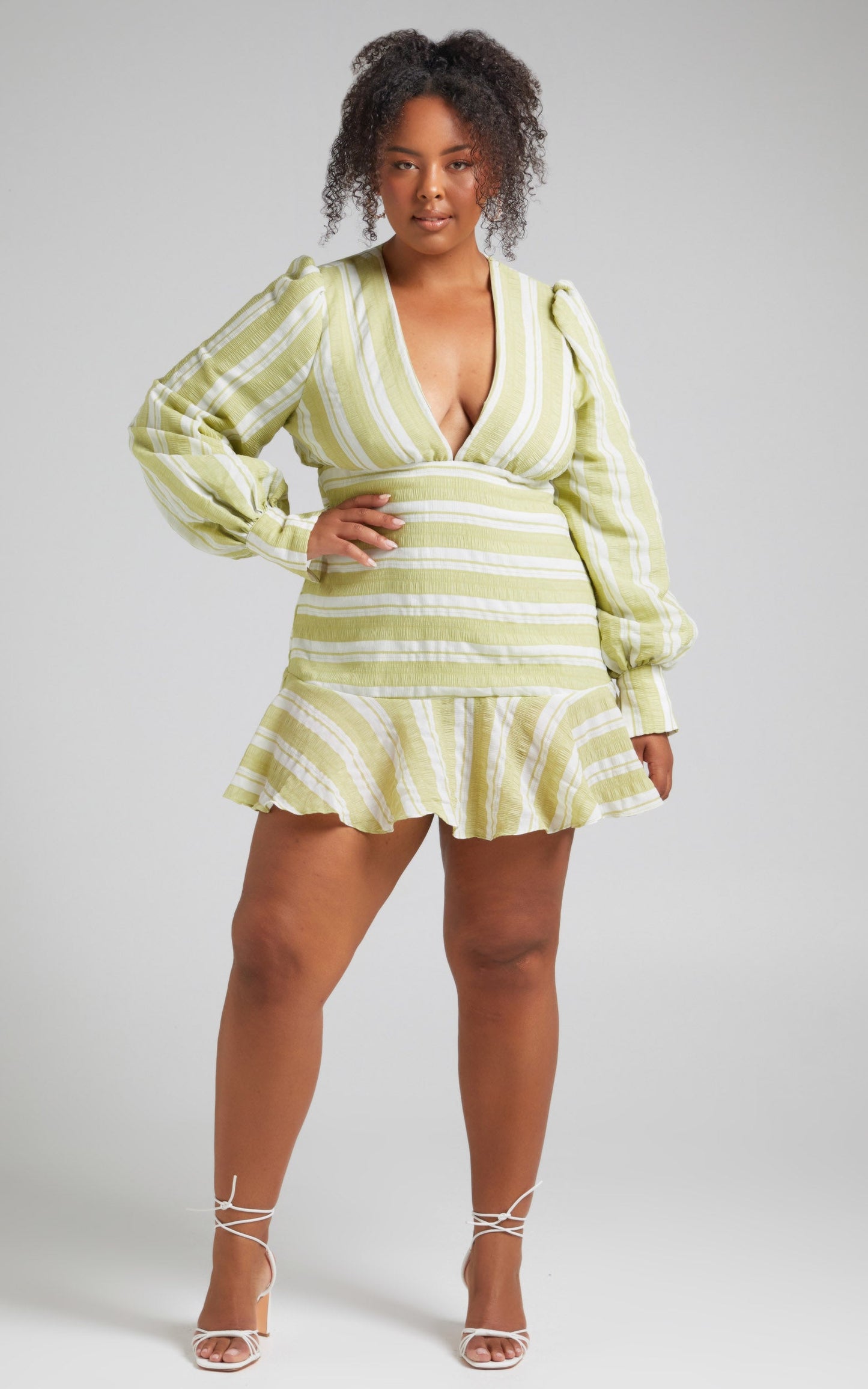 Rennie Balloon Sleeve V Neck Mini Dress in Green Stripe