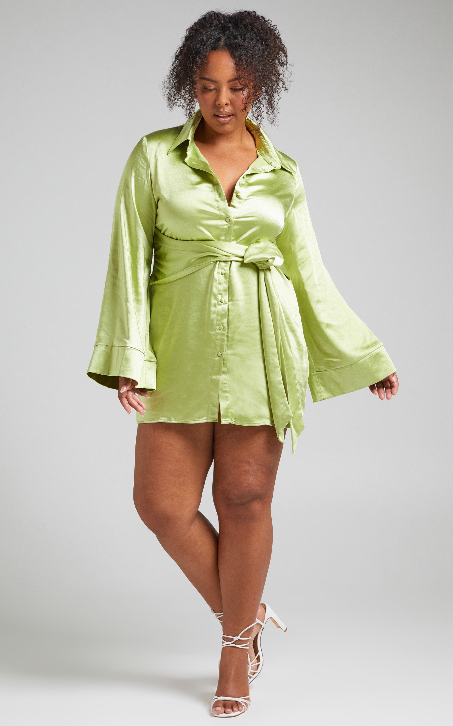 Hadid Mini Dress - Button Down Waist Tie Shirt Dress in Green