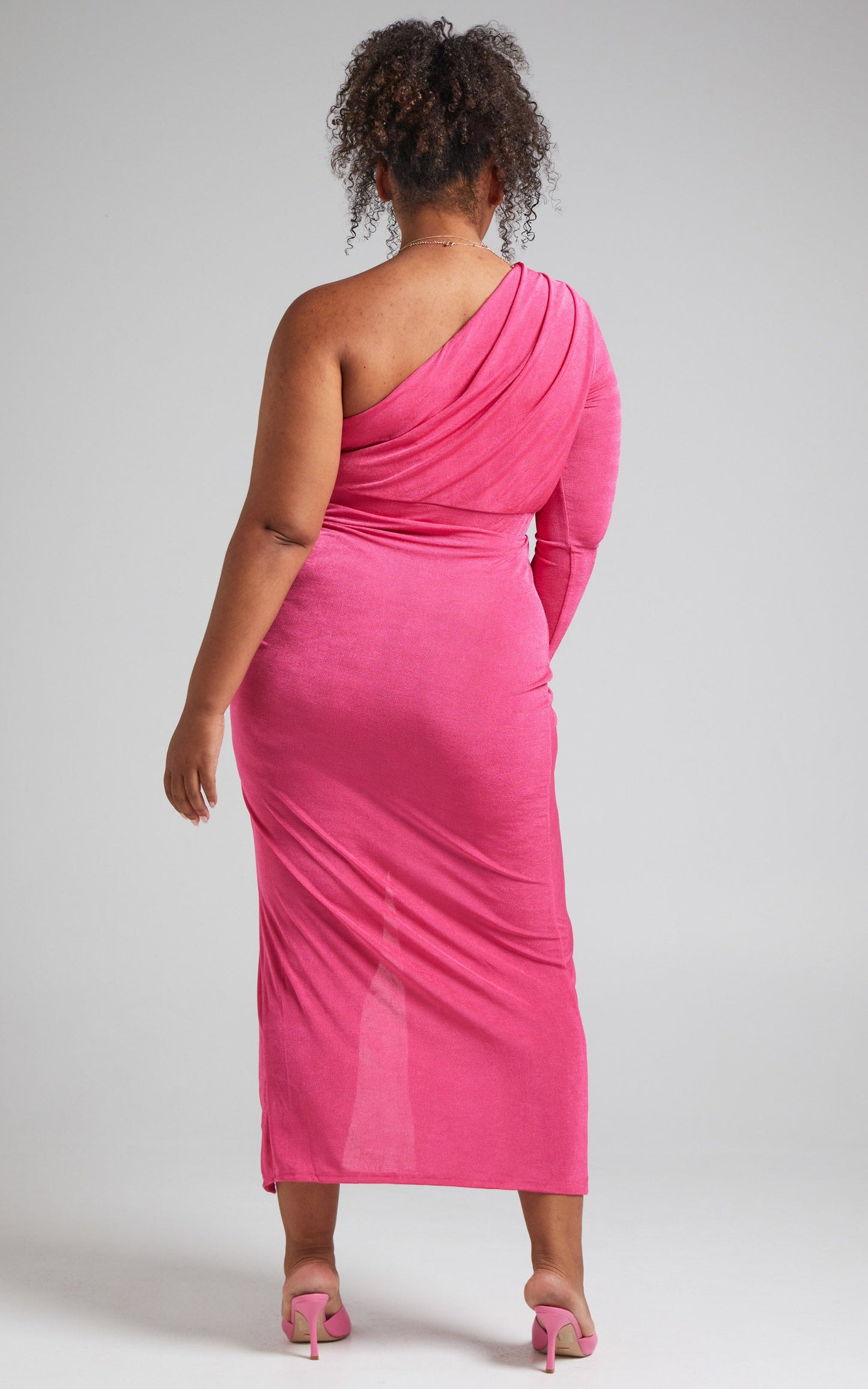 Eleiza Midi Dress - One Shoulder Ruched Dress in Hot Pink