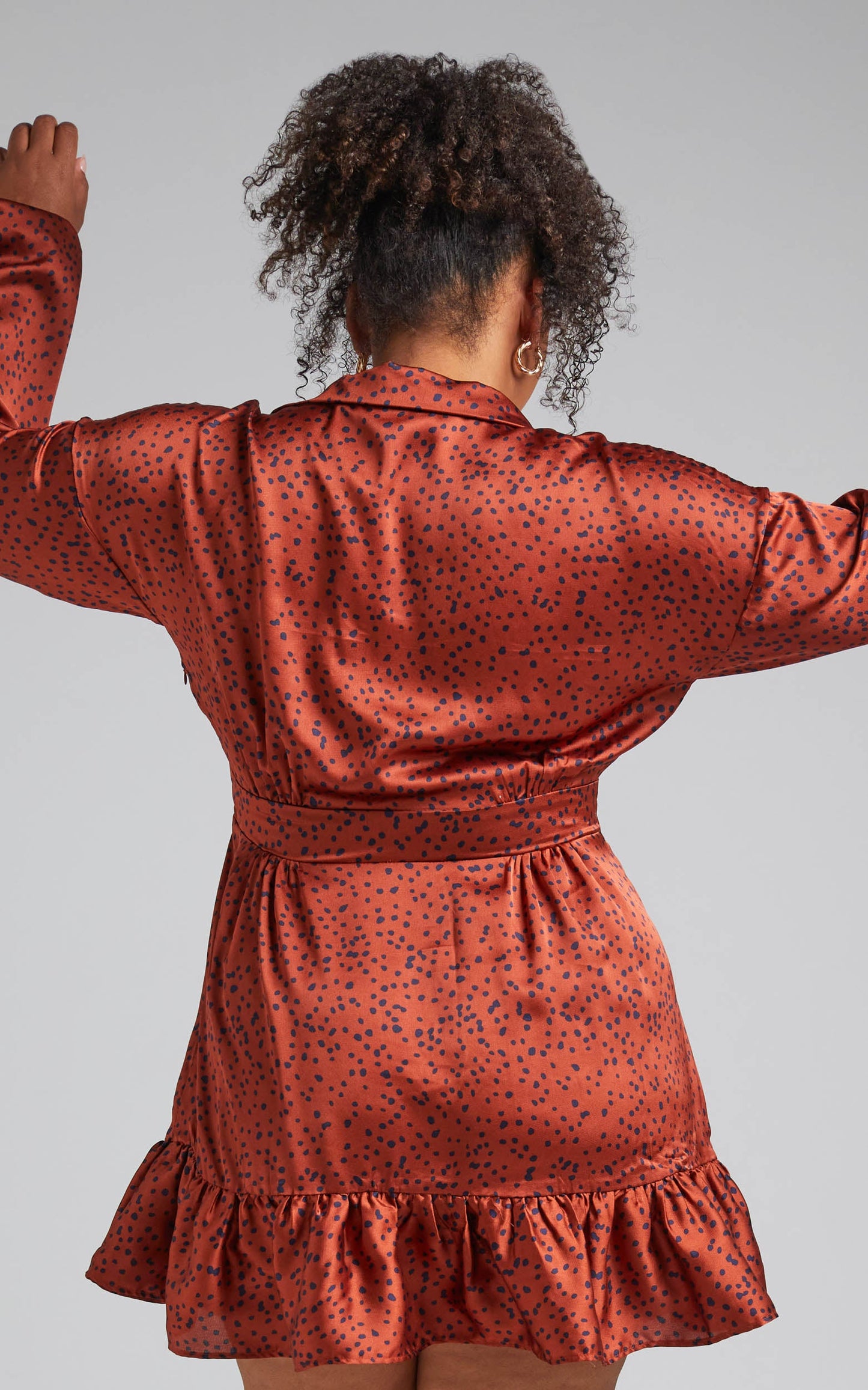 Cooma Belted Long Sleeve Collared Mini Dress in Copper Spot