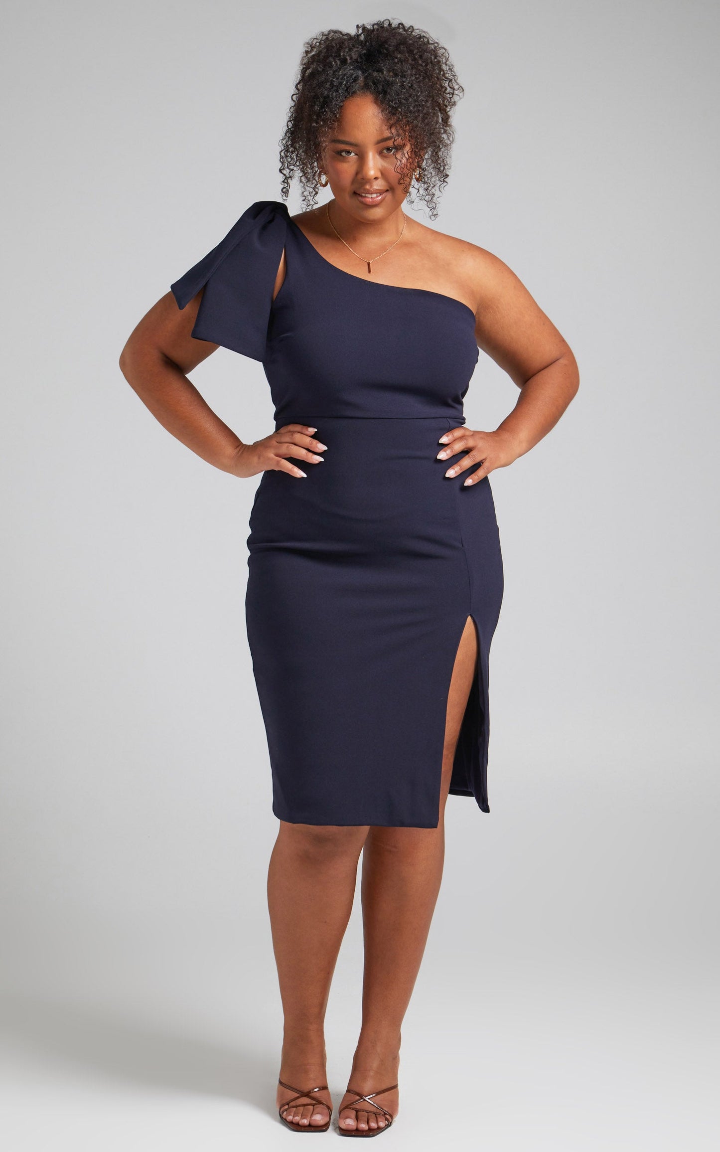 I Got A Feeling Midi Dress - One Shoulder Side Split Dress in Navy