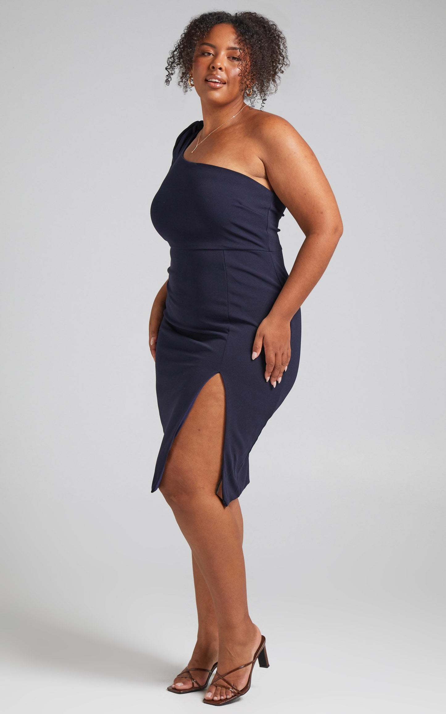 I Got A Feeling Midi Dress - One Shoulder Side Split Dress in Navy