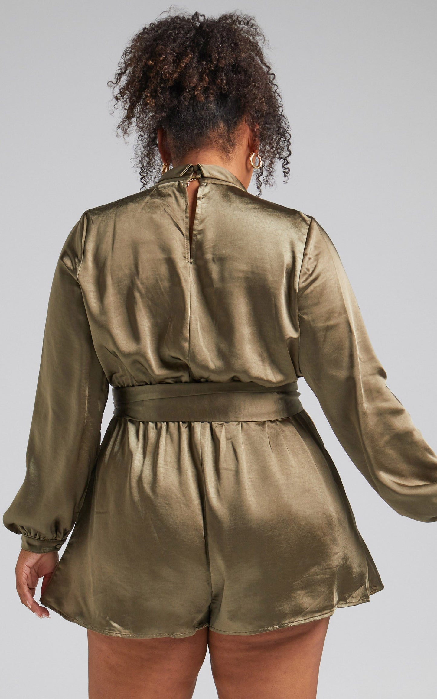 Leo Long Sleeve Wrap Neckline Playsuit in Olive Satin
