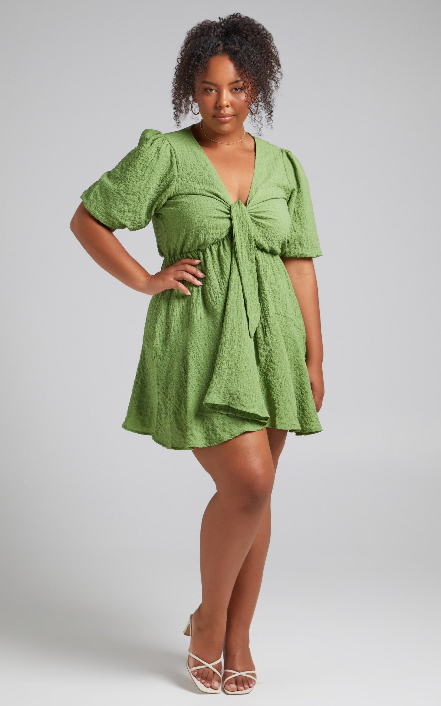 Rosalei Mini Dress - Puff Sleeve Tie Front Dress in Green