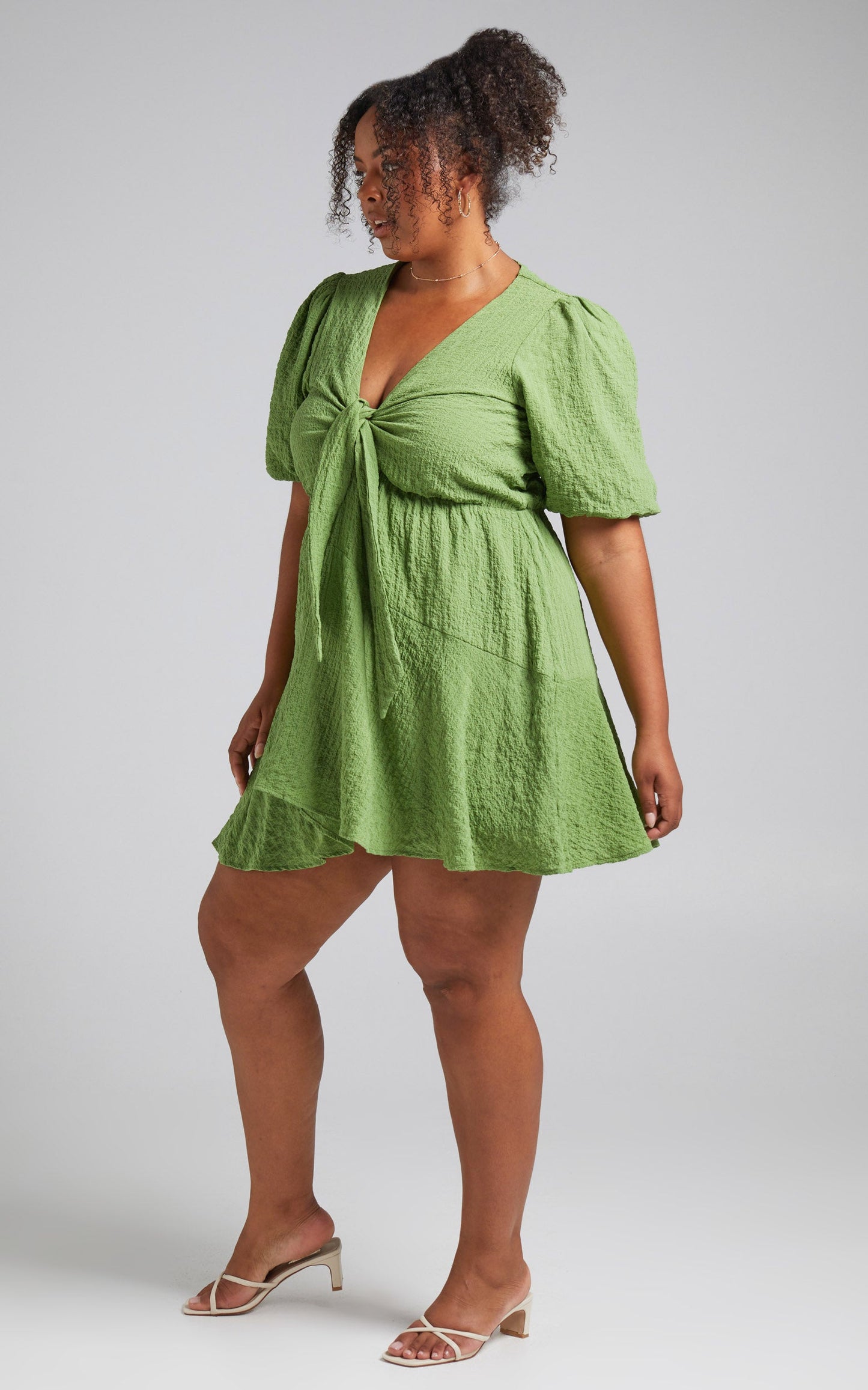 Rosalei Mini Dress - Puff Sleeve Tie Front Dress in Green