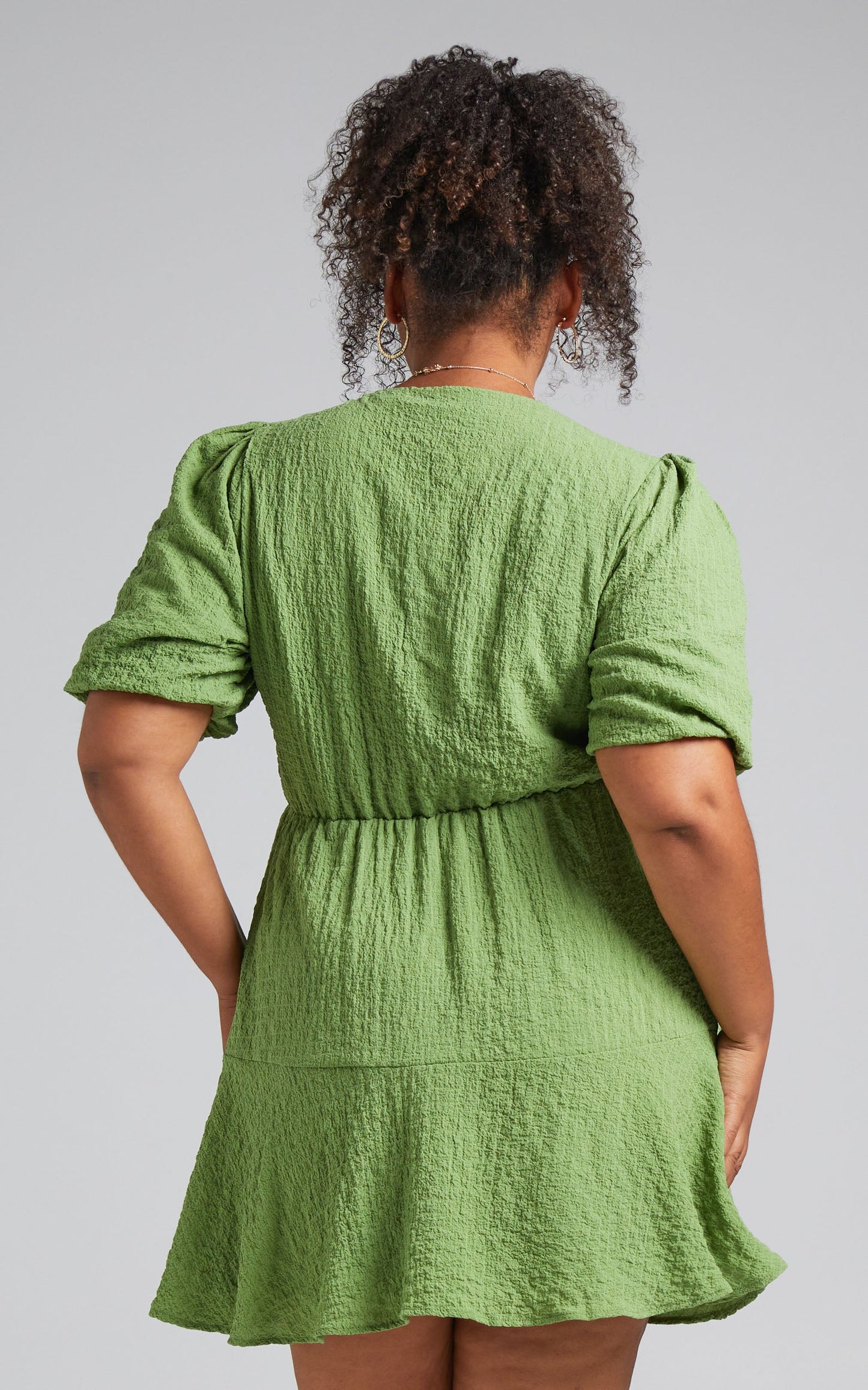 Rosalei Mini Dress - Puff Sleeve Tie Front Dress in Green