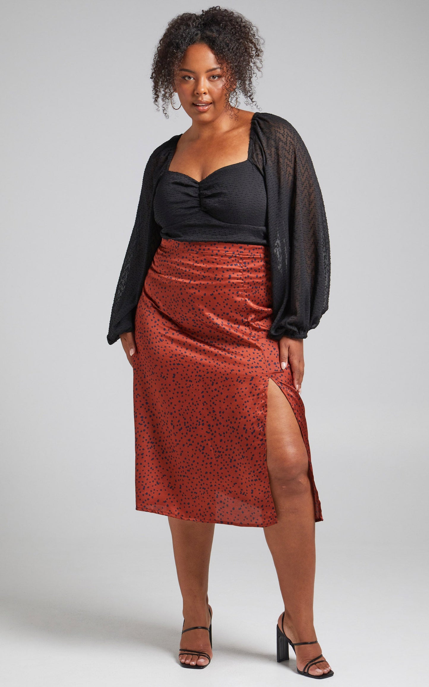 Eulo Printed Slip Skirt With Leg Slit in Copper Spot
