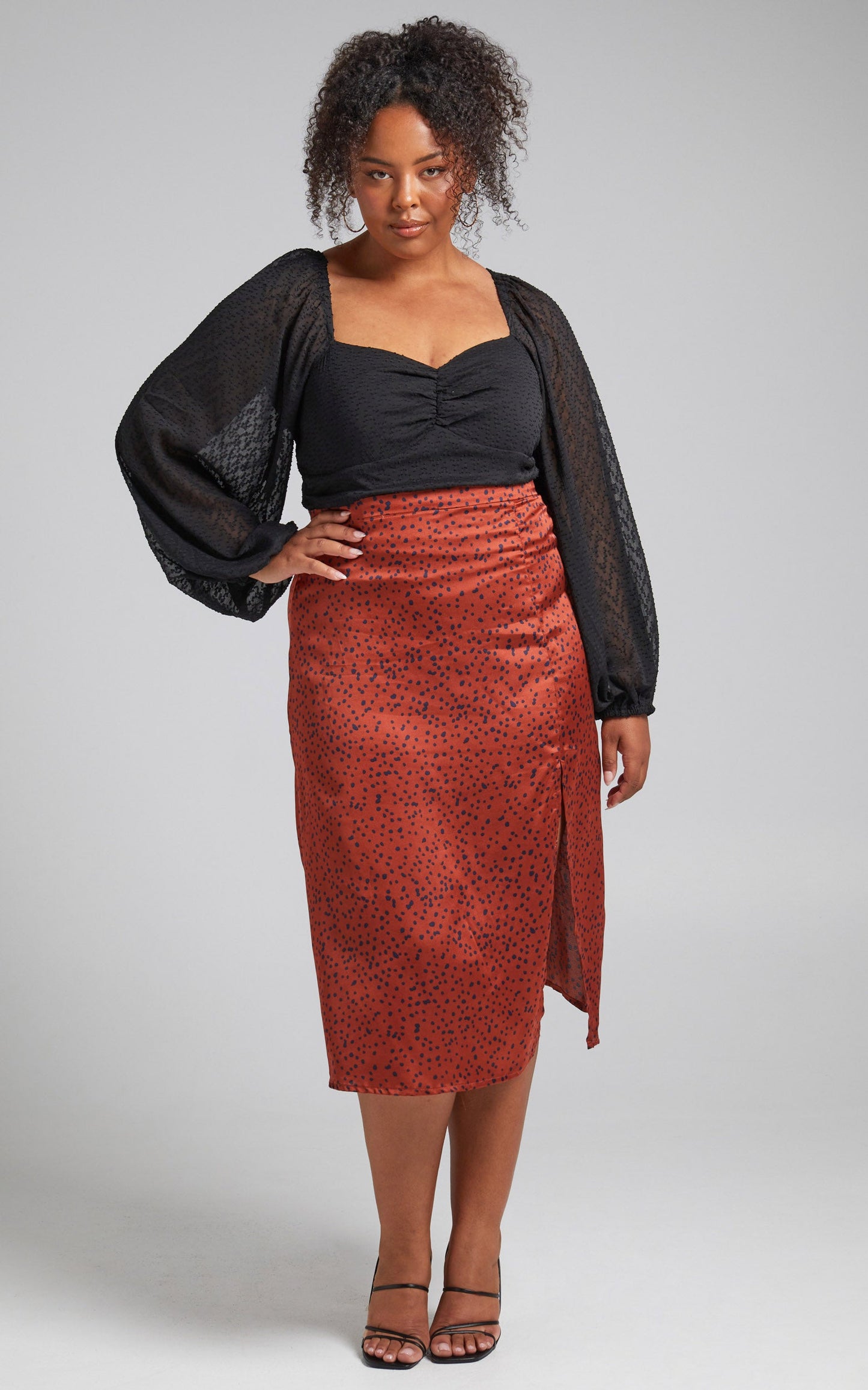 Eulo Printed Slip Skirt With Leg Slit in Copper Spot