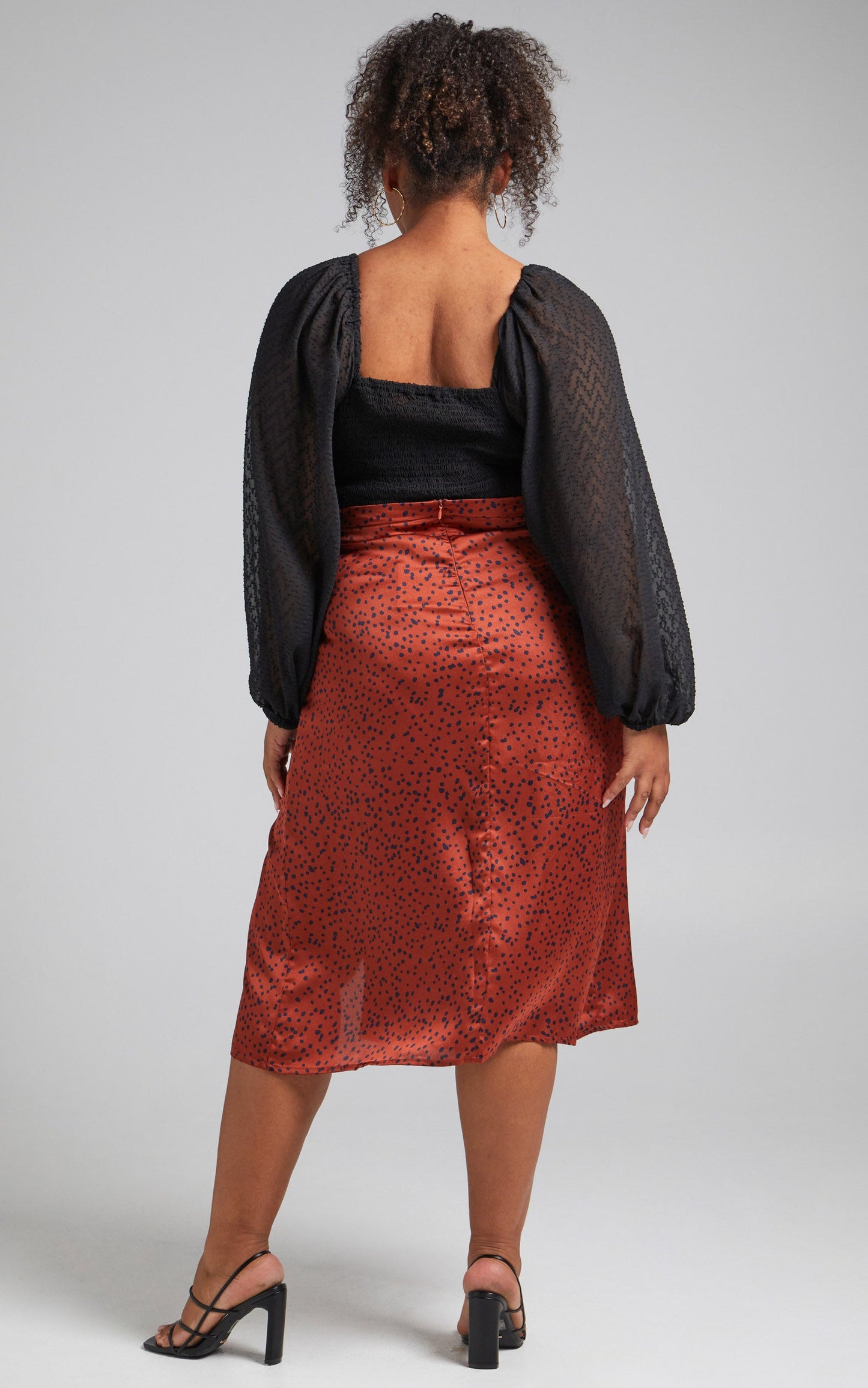 Eulo Printed Slip Skirt With Leg Slit in Copper Spot