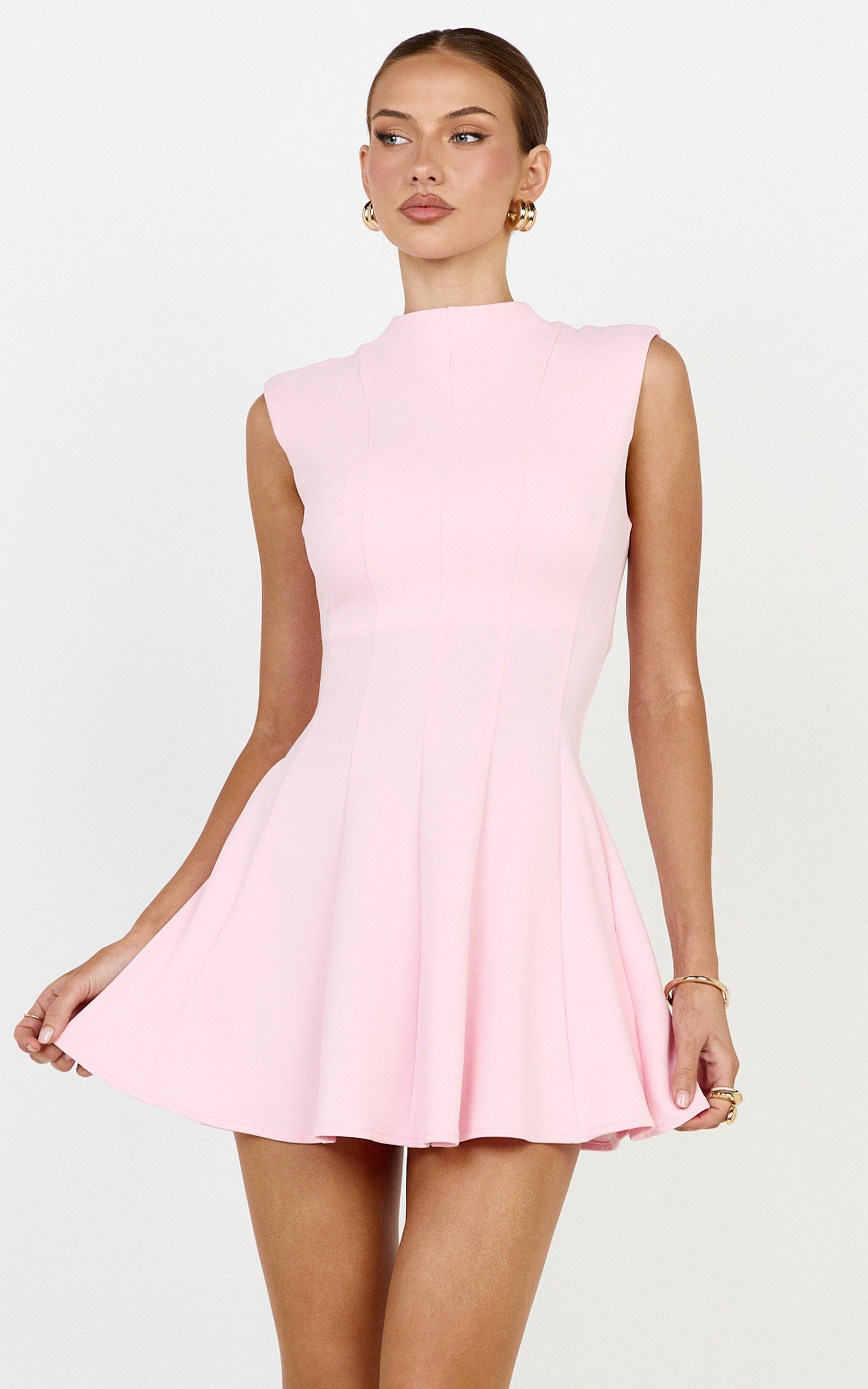 Becky Mini Dress - High Neck Sleeveless Fit And Flare Dress in Pink