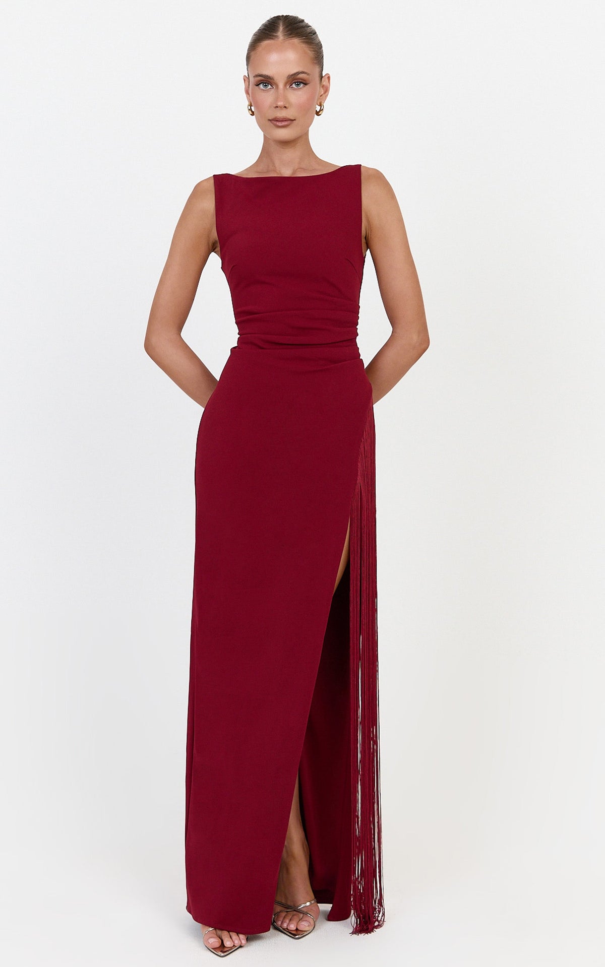 Joanne Maxi Dress - Scoop Neck Fringe Dress in Wine