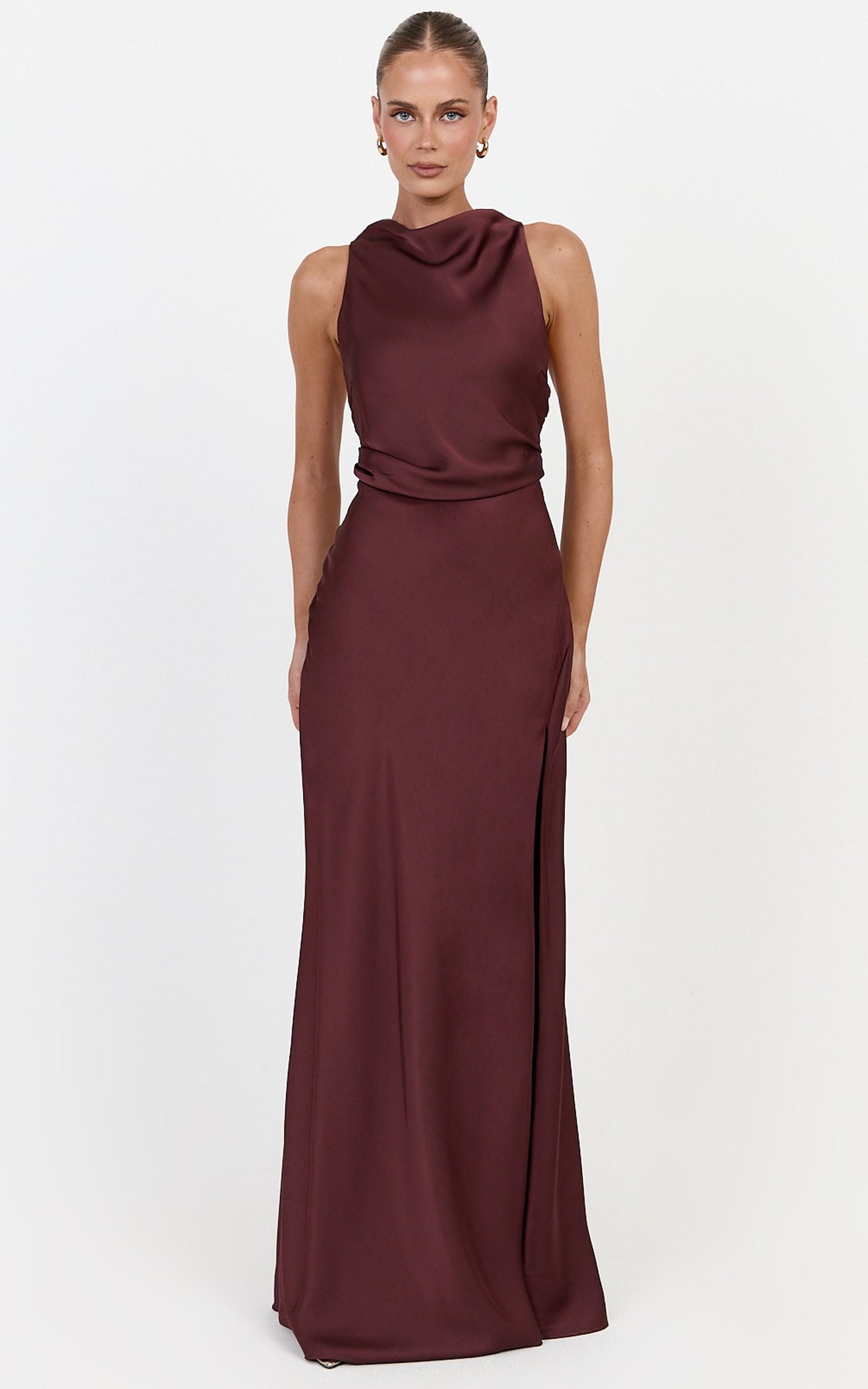 Lillian Maxi Dress - Racerback Cowl Neck Draped Satin Dress in Plum