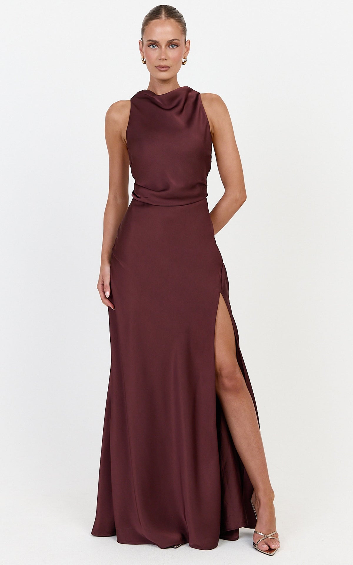 Lillian Maxi Dress - Racerback Cowl Neck Draped Satin Dress in Plum