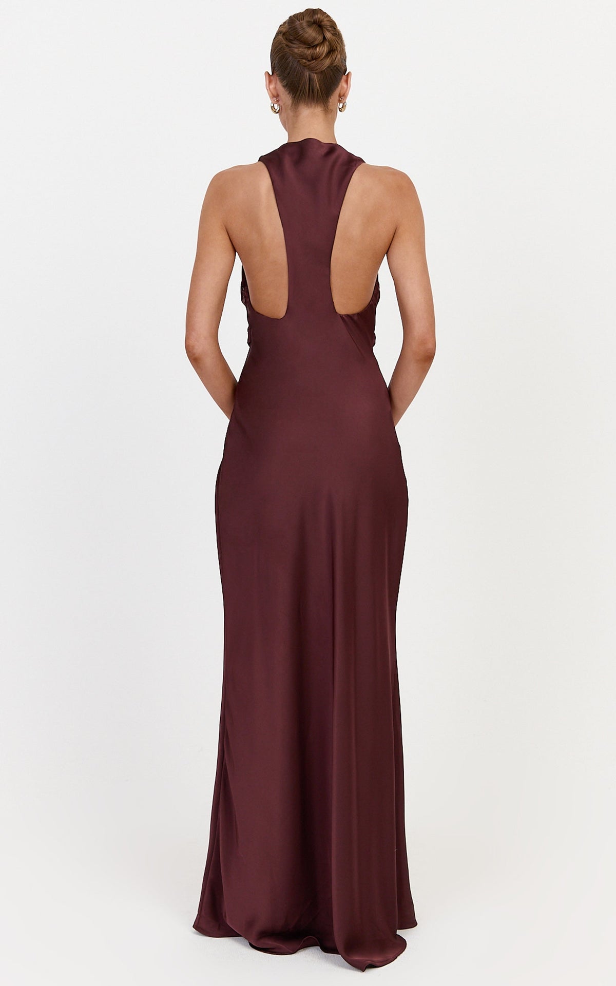 Lillian Maxi Dress - Racerback Cowl Neck Draped Satin Dress in Plum