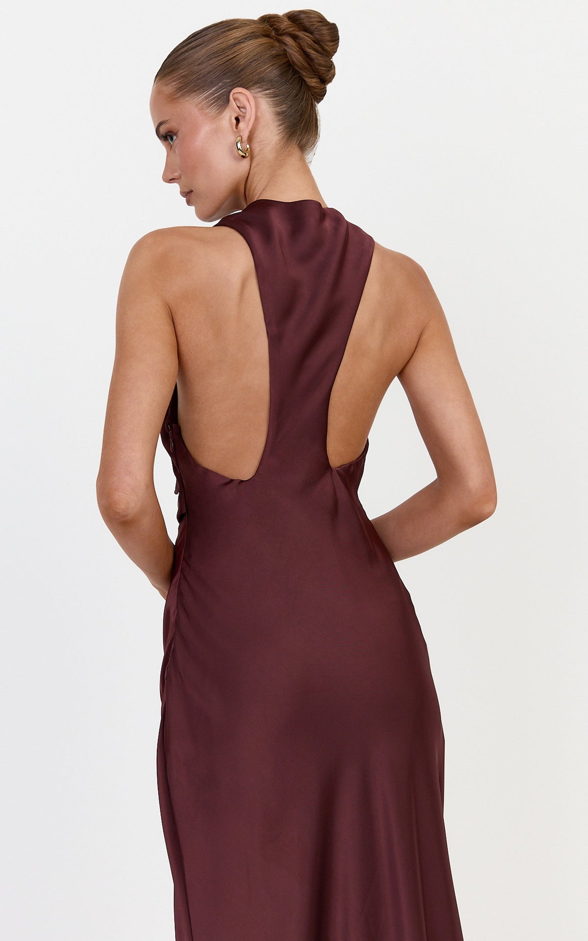 Lillian Maxi Dress - Racerback Cowl Neck Draped Satin Dress in Plum