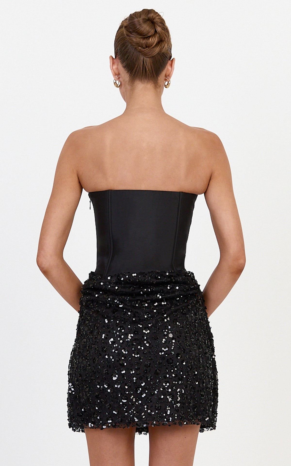 Ione Mini Dress - Corset Bodice Dress With Contrast Sequin Skirt in Black