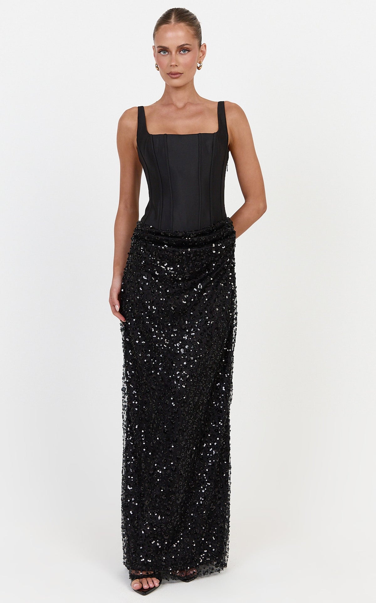 Ione Maxi Dress - Corset Bodice Dress With Contrast Sequin Skirt in Black