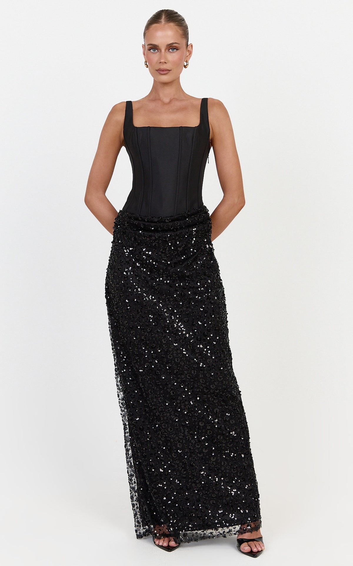 Ione Maxi Dress - Corset Bodice Dress With Contrast Sequin Skirt in Black