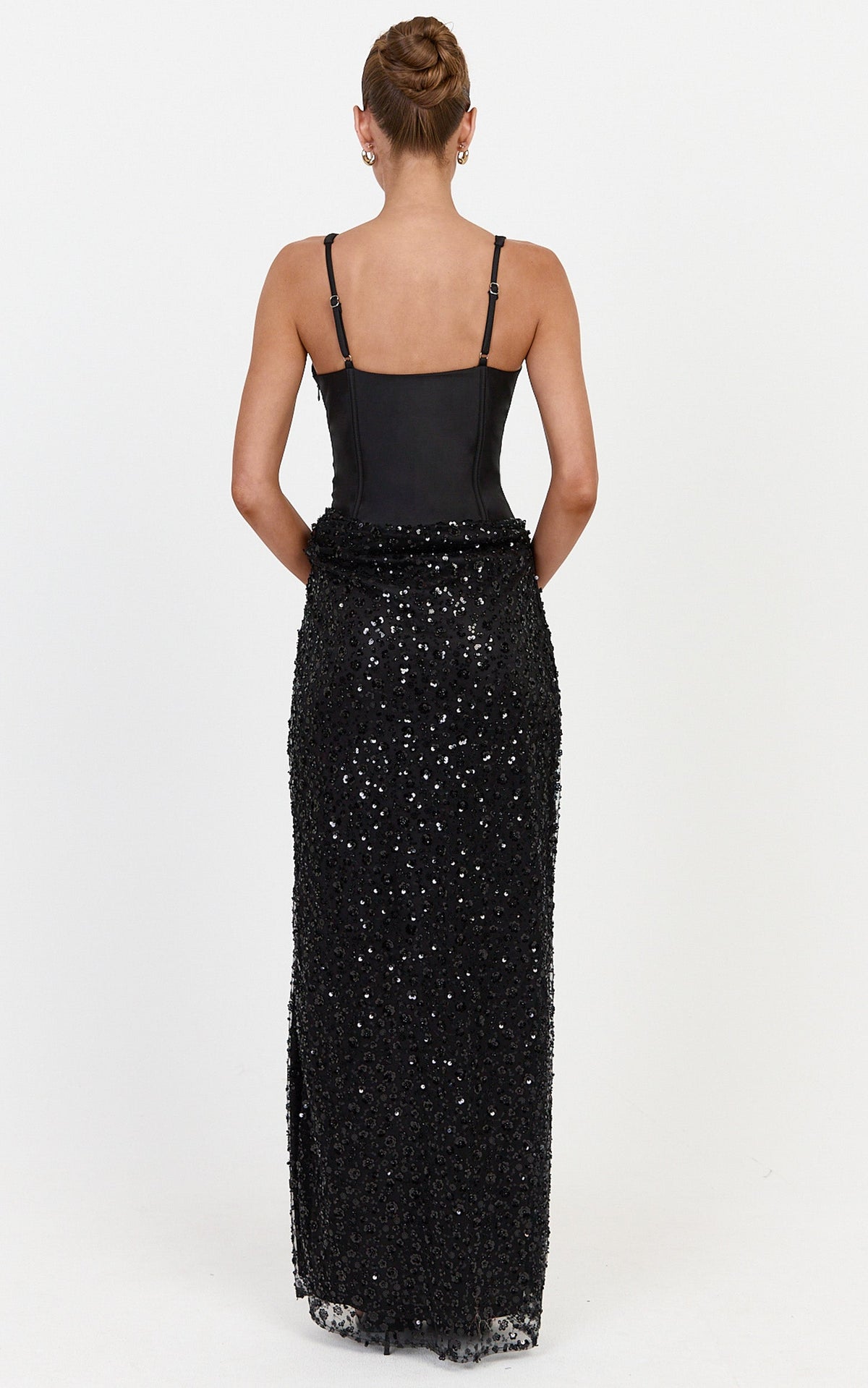 Ione Maxi Dress - Corset Bodice Dress With Contrast Sequin Skirt in Black