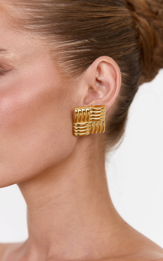 Mila Earrings - Textured Square Stud Earrings in Gold Plated 18k