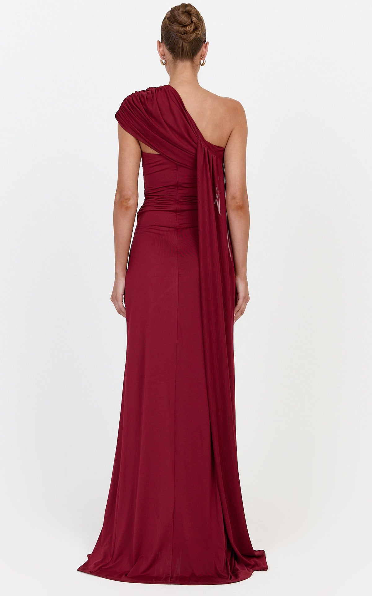 Arlette Maxi Dress - Strapless Twist Waist Dress With Cape in Wine