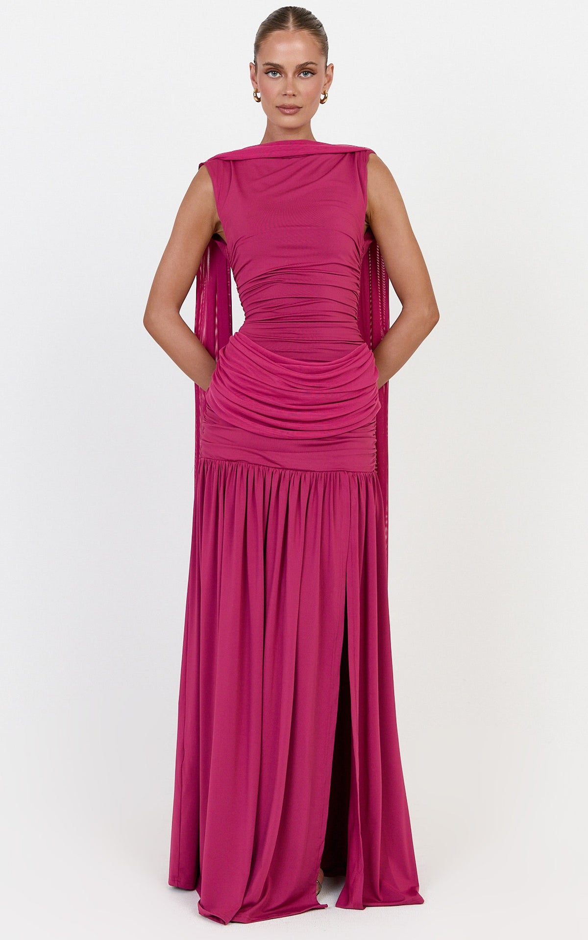 Evelyn Maxi Dress - Ruched Boat Neck Dress With Cape And Leg Split in Rose