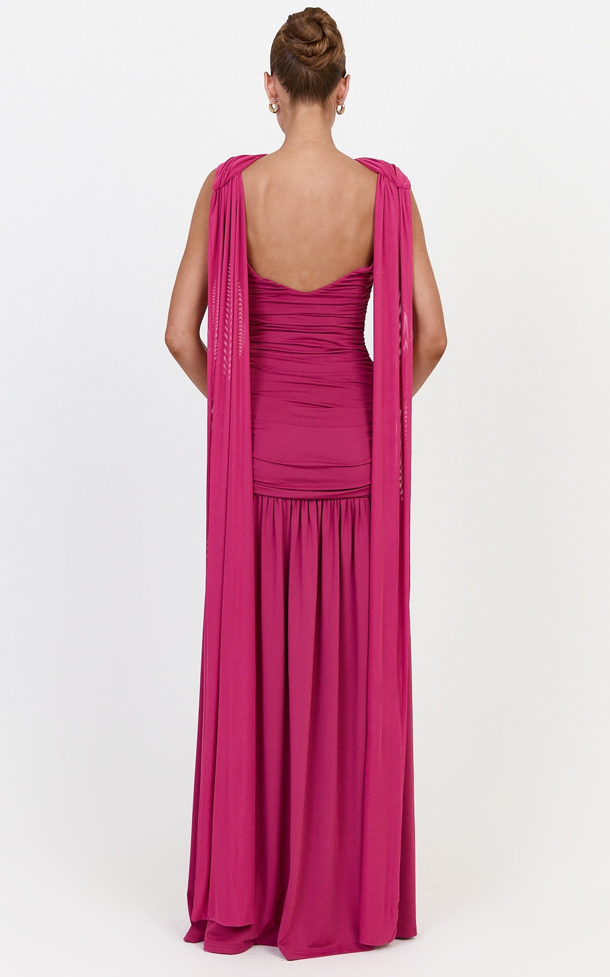 Evelyn Maxi Dress - Ruched Boat Neck Dress With Cape And Leg Split in Rose