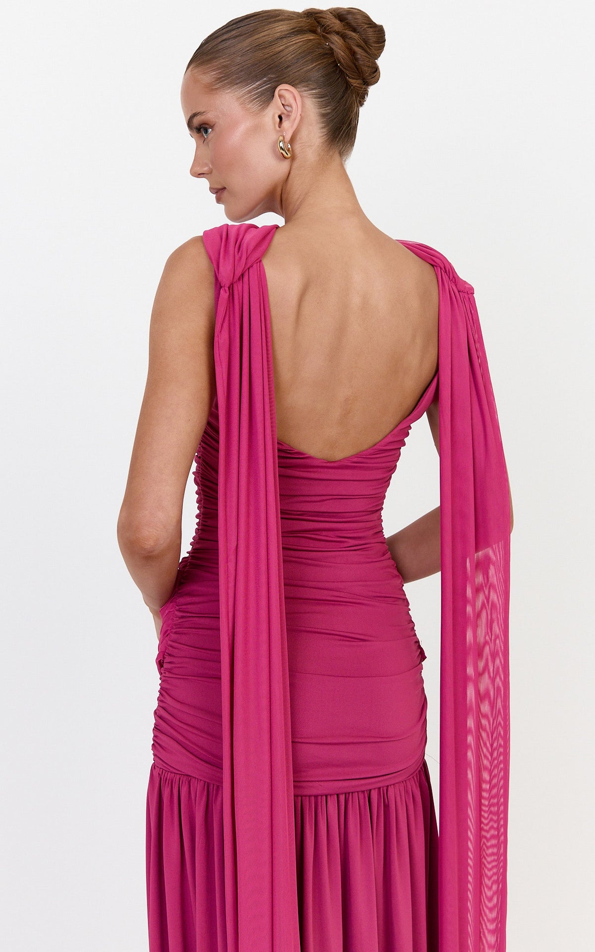 Evelyn Maxi Dress - Ruched Boat Neck Dress With Cape And Leg Split in Rose