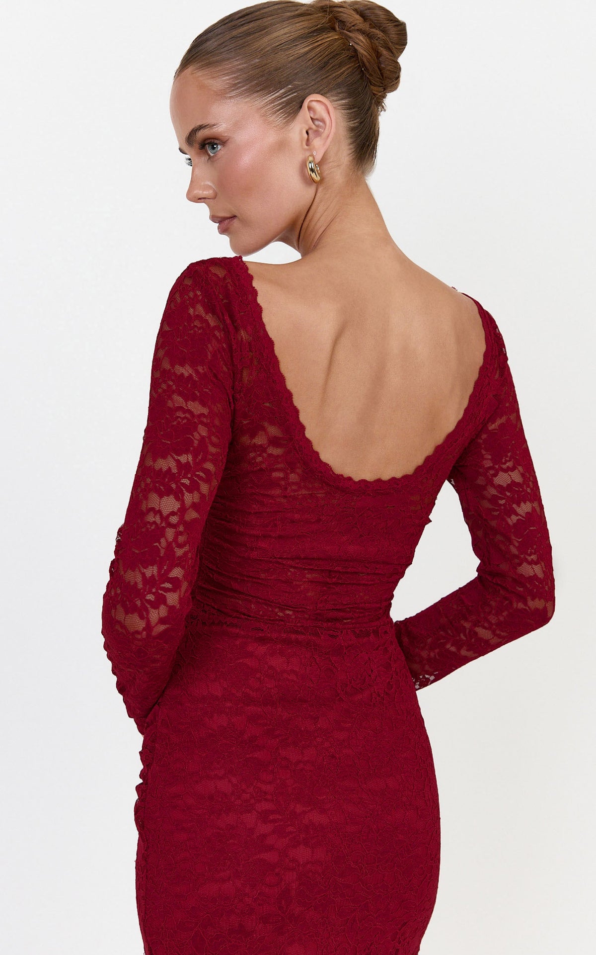 Skye Mini Dress - Lace Long Sleeve Draped Skirt Dress in Wine