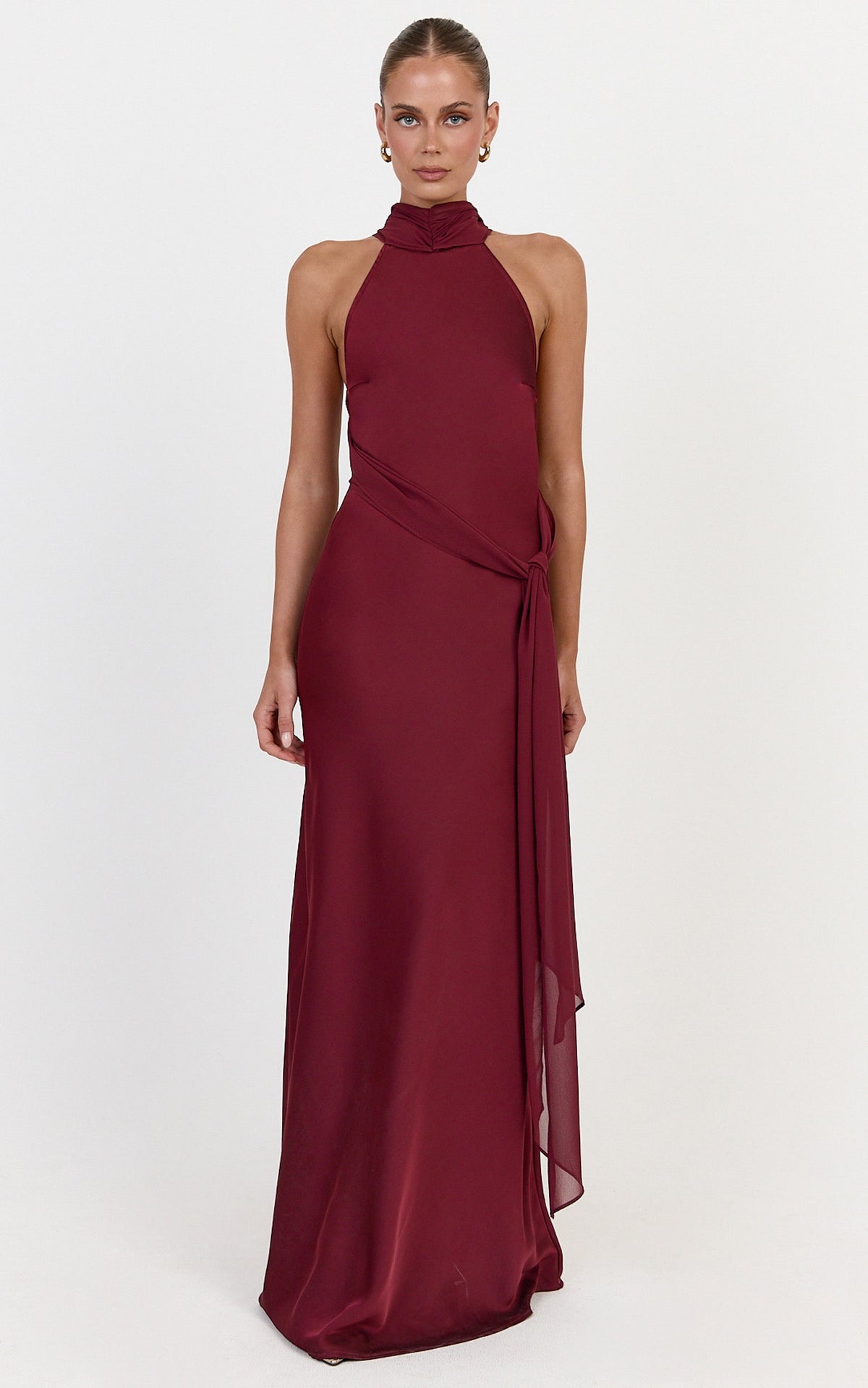 Kess Maxi Dress - Low Back High Neck Crossover Hip Sash Dress in Wine