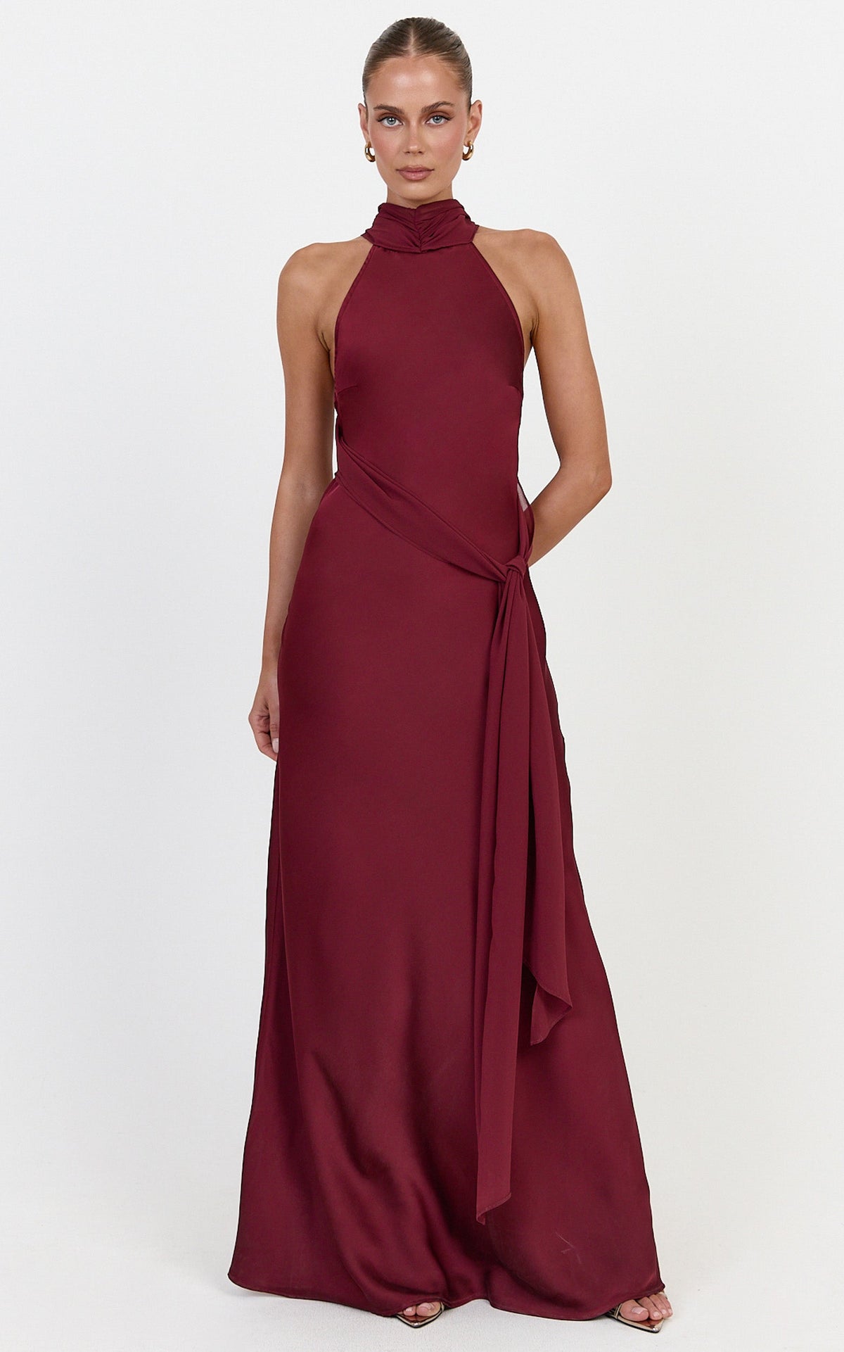 Kess Maxi Dress - Low Back High Neck Crossover Hip Sash Dress in Wine