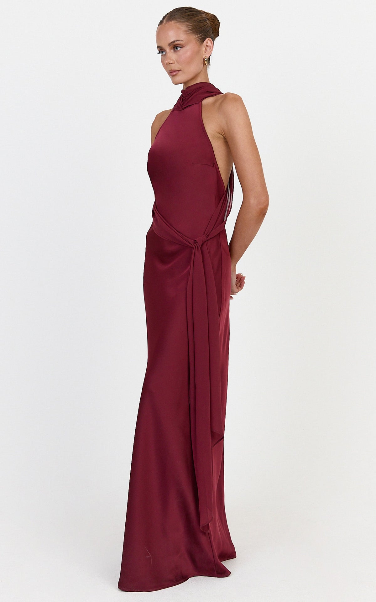 Kess Maxi Dress - Low Back High Neck Crossover Hip Sash Dress in Wine