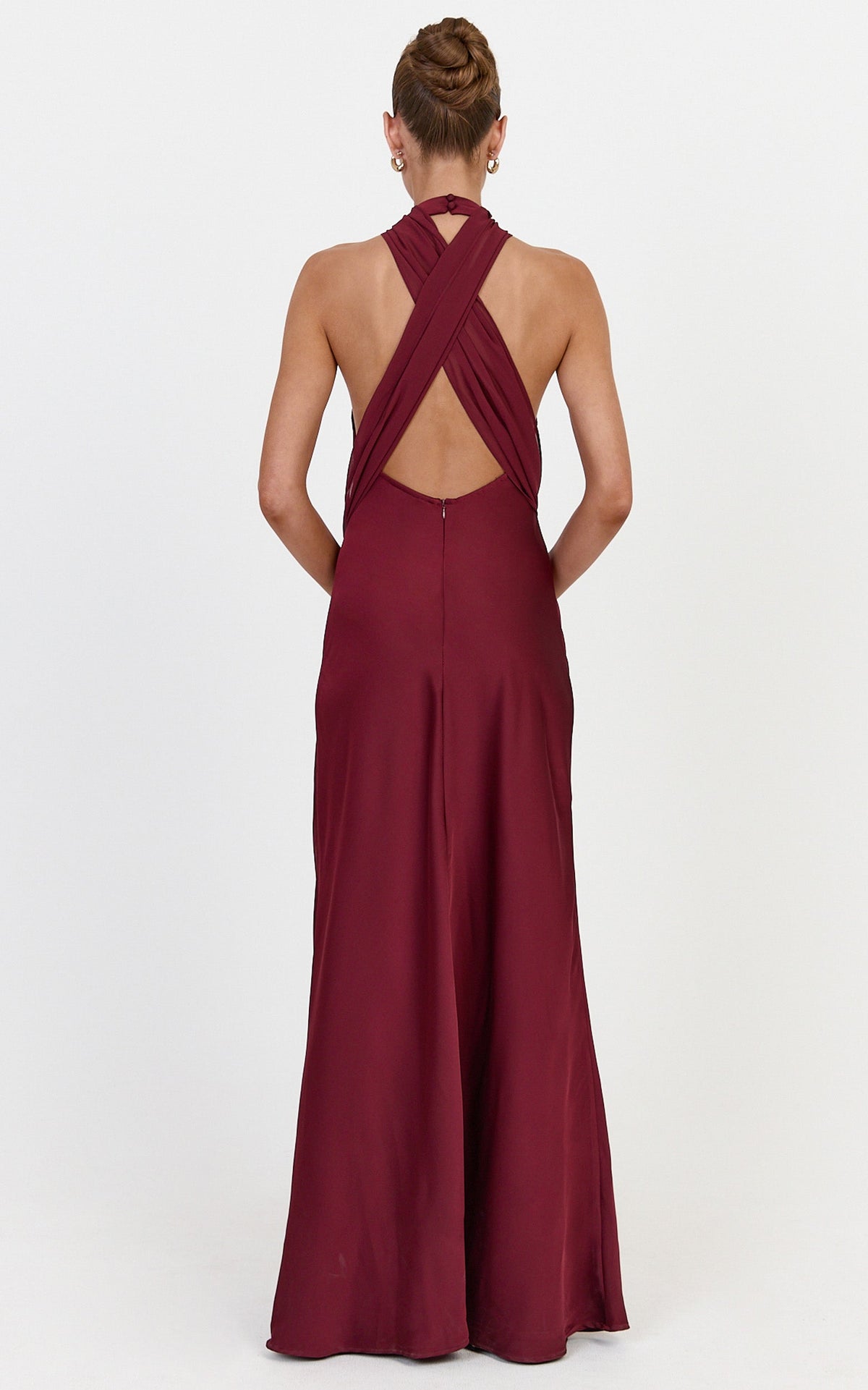 Kess Maxi Dress - Low Back High Neck Crossover Hip Sash Dress in Wine