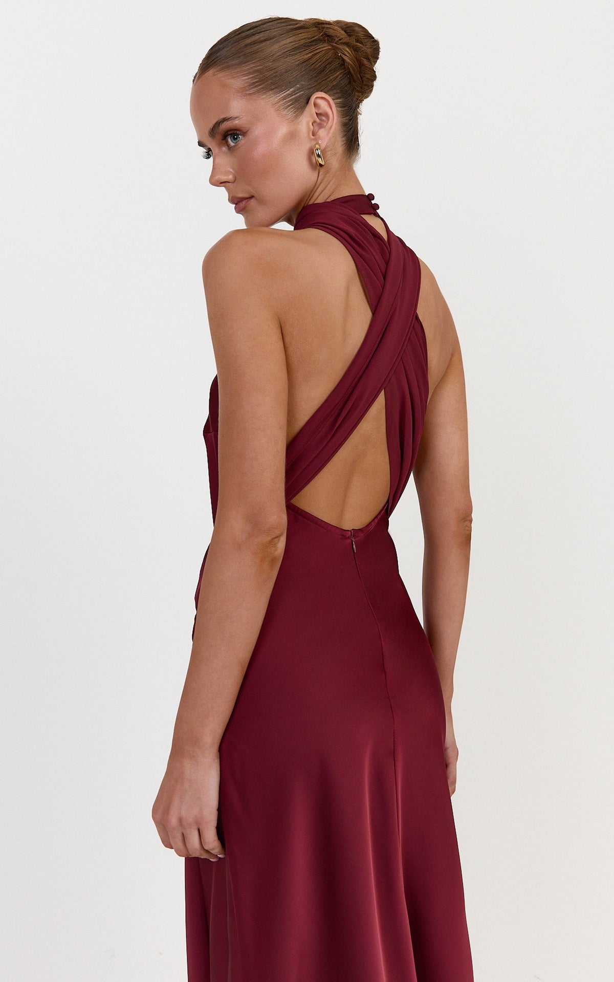 Kess Maxi Dress - Low Back High Neck Crossover Hip Sash Dress in Wine