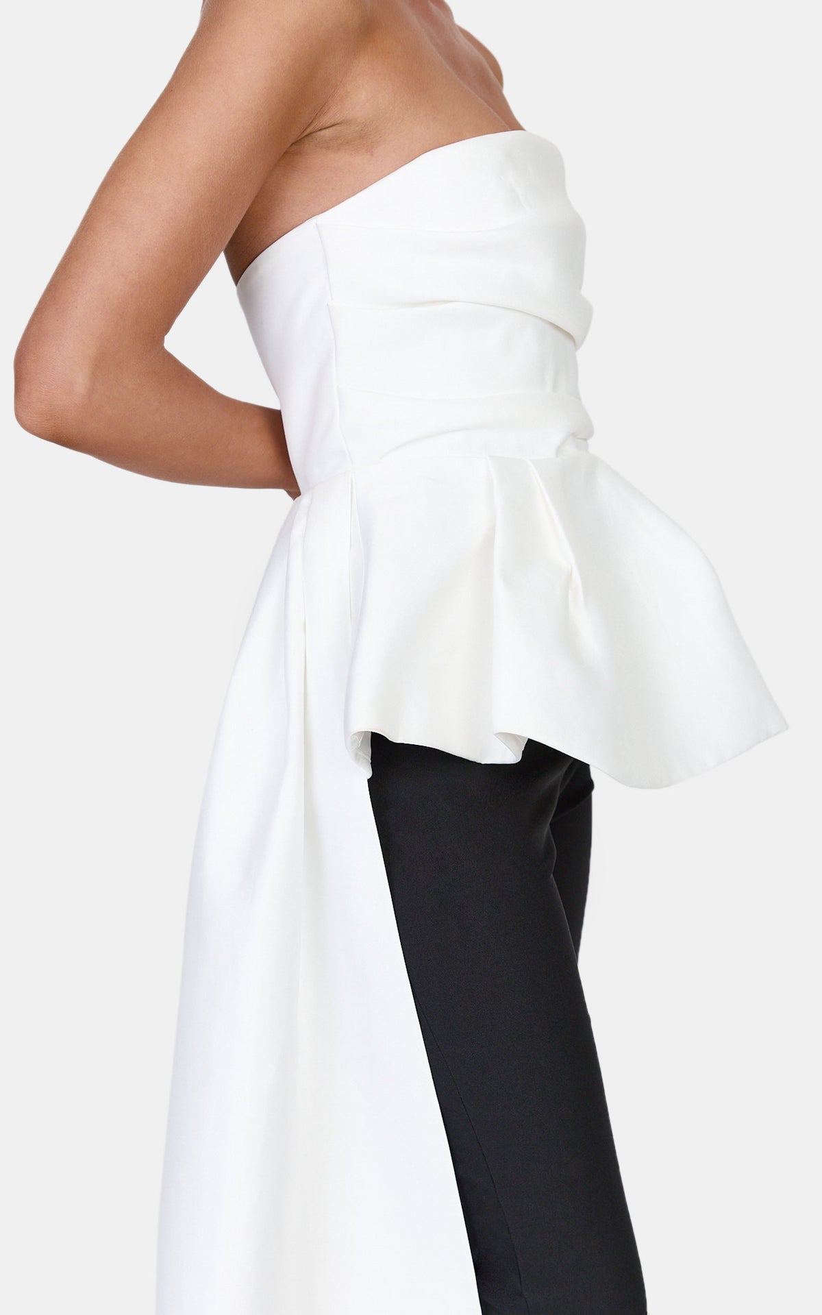 Scarlett Top - Strapless Asymmetric Peplum Top With Draped Sash in White