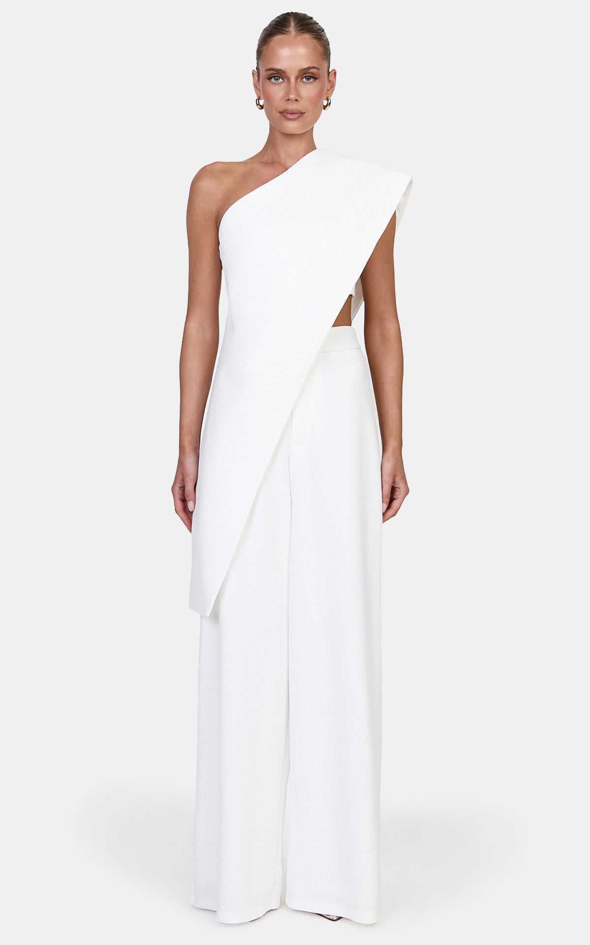 Kimi Two Piece Top and Pants Set - Asymmetric Longline Top And Wide Leg Pants in Cream