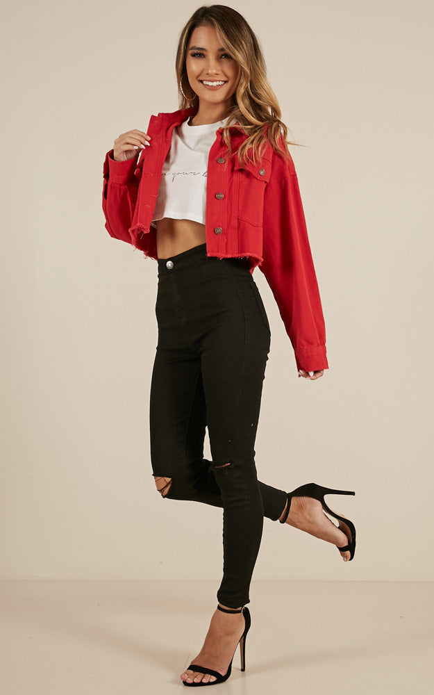 Chase The Sun Denim Jacket In Red