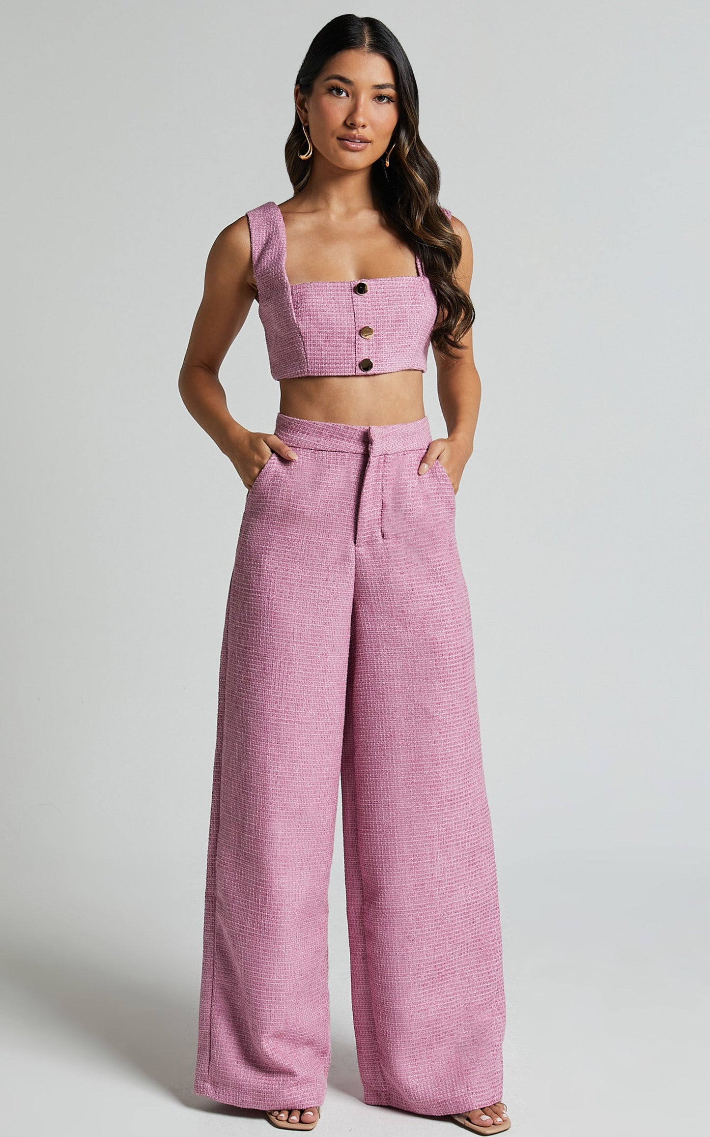 Amaris Two Piece Set - Button Detail Crop Top and Wide Leg Pants Set in Pink